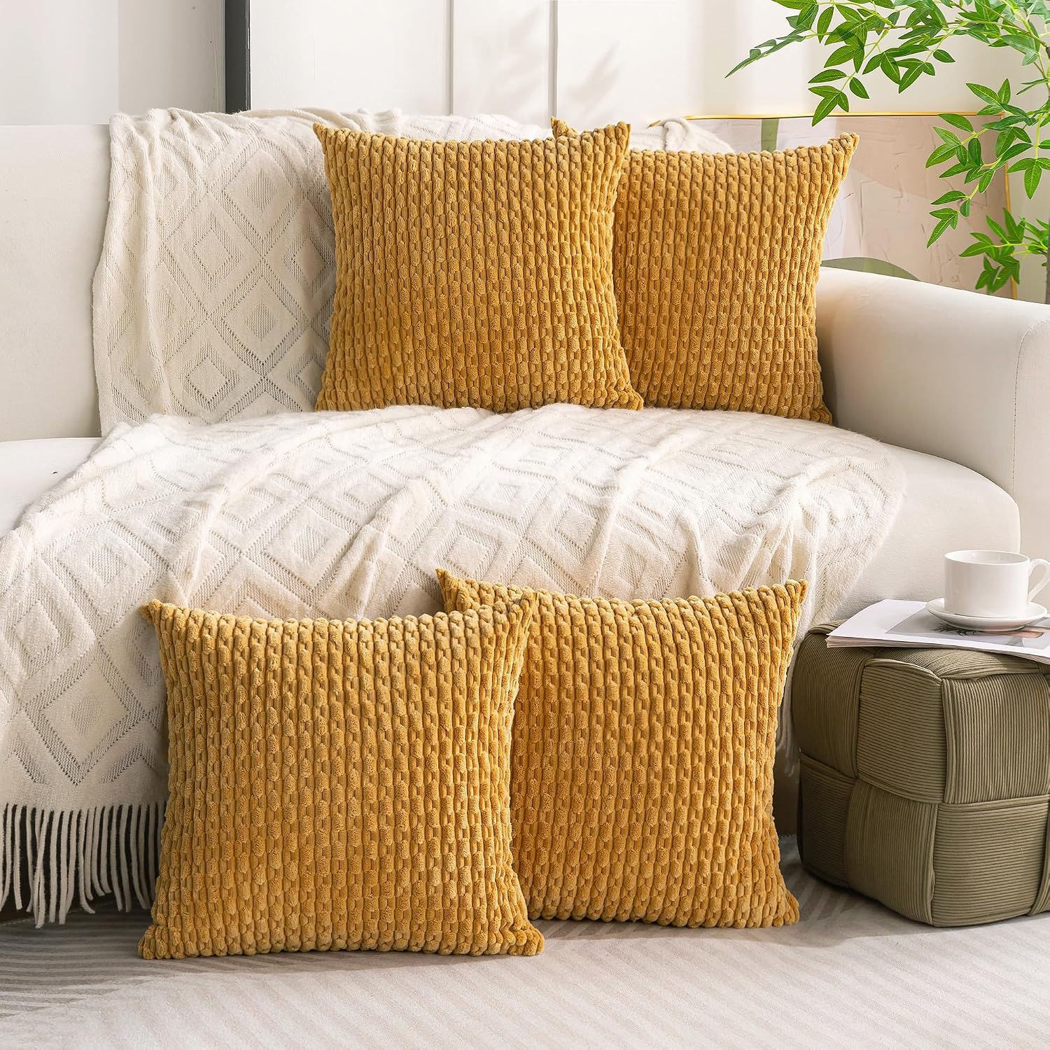 Cozoomy Set of 4 Mustard Yellow Decorative Throw Pillow Covers 16x16 Inch Corduroy Pillow Covers for Bed Couch Sofa Living Room Soft Square…