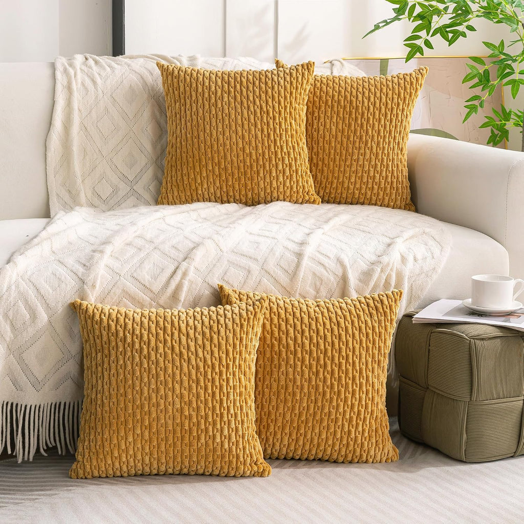 Cozoomy Set of 4 Mustard Yellow Decorative Throw Pillow Covers 20x20 Inch Corduroy Pillow Covers for Bed Couch Sofa Living Room Soft Square…