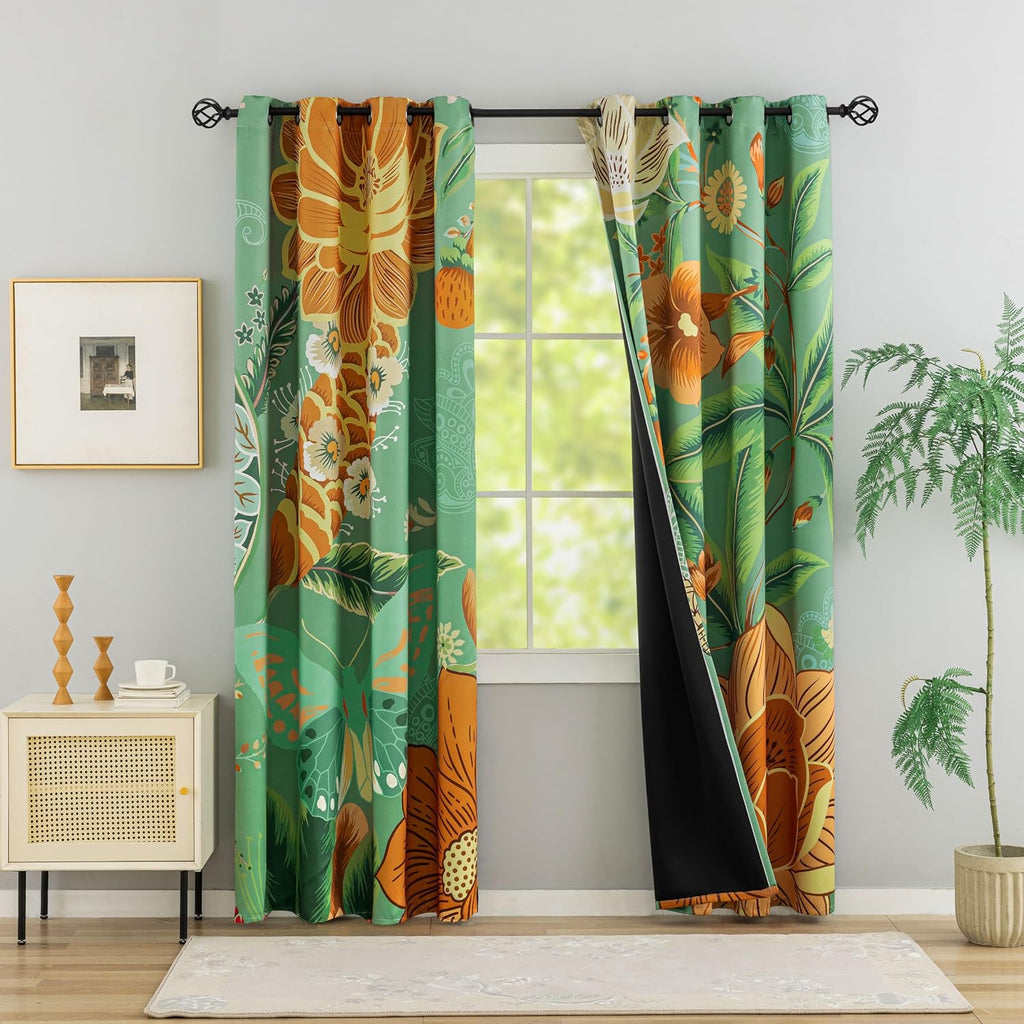 Tyrot Sage Green Boho Floral 100% Blackout Curtains for Bedroom 84 inch Long 2 Panels Butterfly Botanical Black Out Curtains for Living…