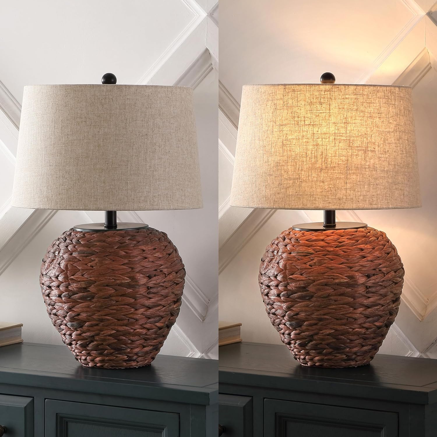 JONATHAN Y 24.5" Dark Brown Water Hyacinth Farmhouse Basket Table Lamp, Coastal Decor for Living Room Bedroom Nightstand, Light Gray…