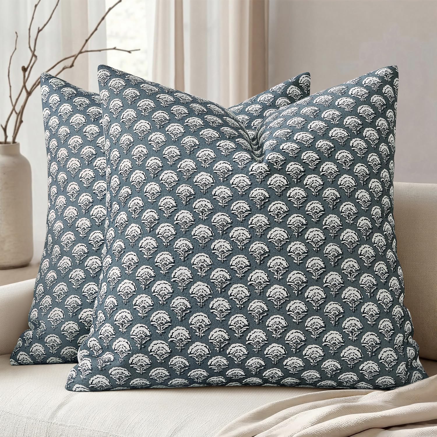 MIULEE Set of 2 Decorative Floral Pillow Covers Neutral Vintage Throw Pillows Block Print Boho Farmhouse Cushion Covers for Modern Spring…