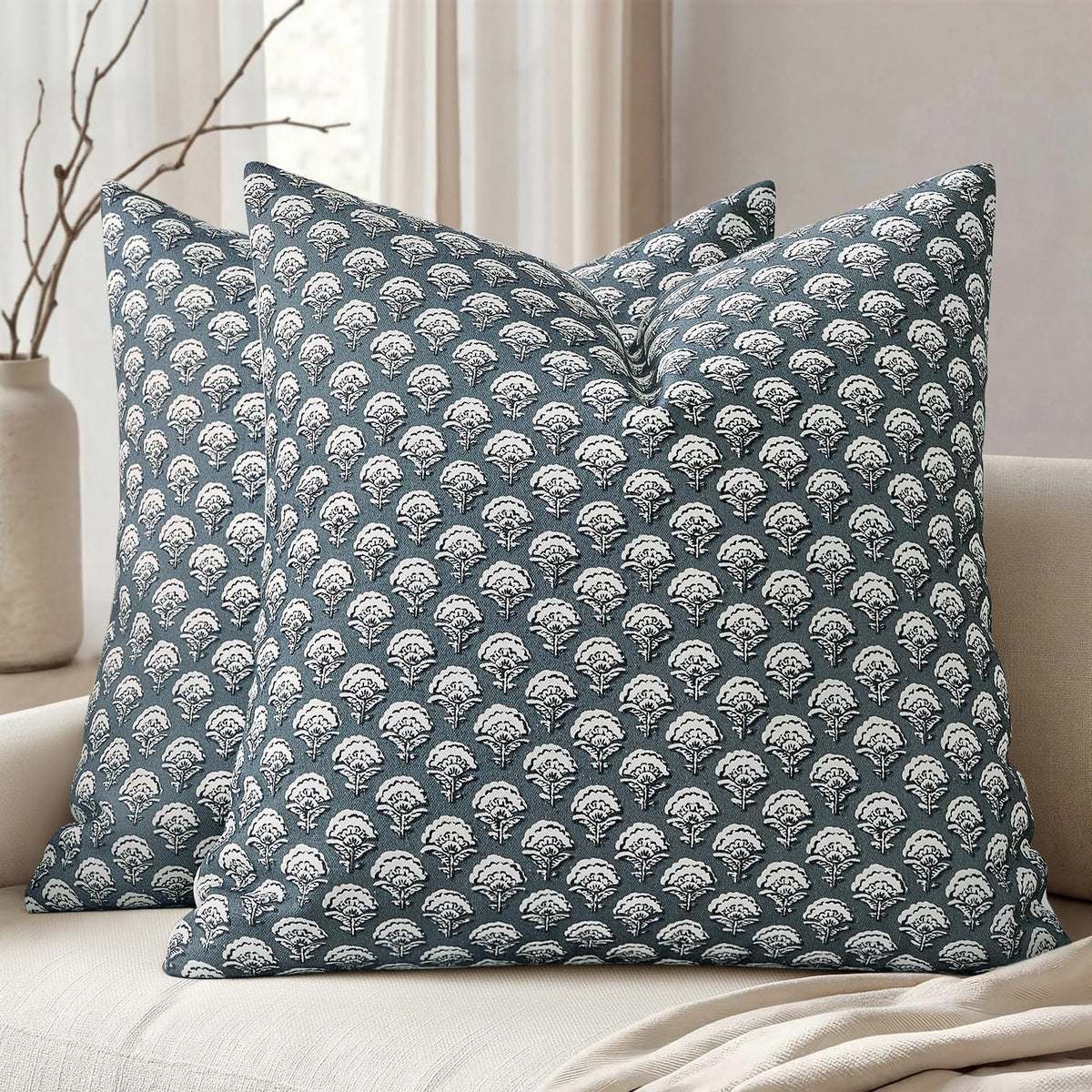 MIULEE Set of 2 Decorative Floral Pillow Covers Neutral Vintage Throw Pillows Block Print Boho Farmhouse Cushion Covers for Modern Spring…