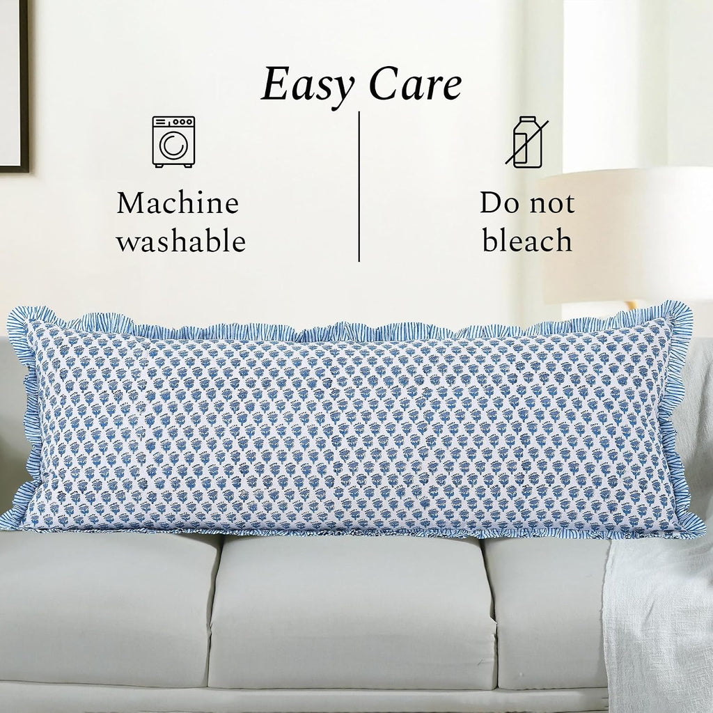 Cottonprintclub CPC Hand Block Print Apatite Blue Ruffle Sham Pillow Cover 54" x 20" inch Hidden Zipper Decorative Pillowcase for Couch, Be…