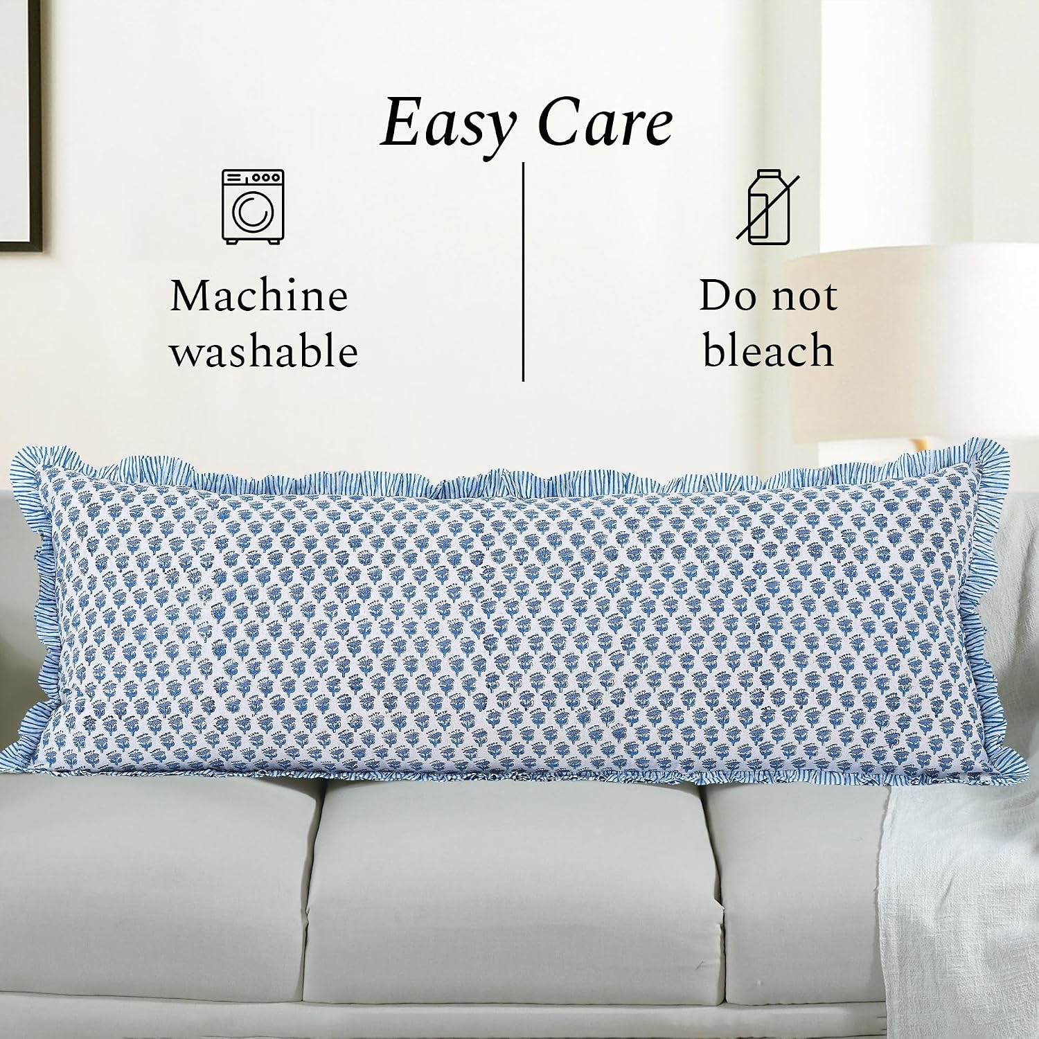 Cottonprintclub CPC Hand Block Print Apatite Blue Ruffle Sham Pillow Cover 54" x 20" inch Hidden Zipper Decorative Pillowcase for Couch, Be…