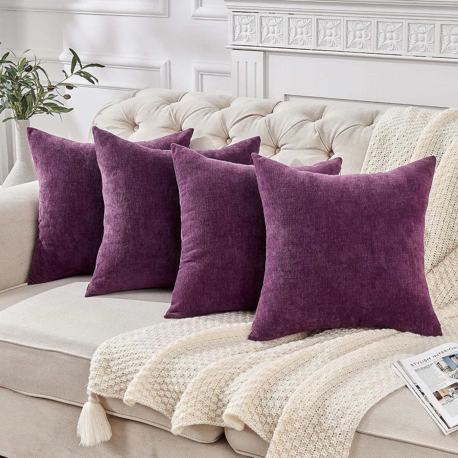 Gawamay Decorative Square Throw Pillow Covers 18"x18" Inch Set of 4, Super Soft Chenille Pillows Farmhouse Fall Pillowcase for Living Room…