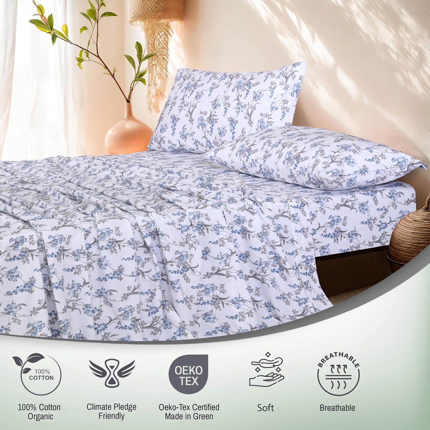 Ruvanti 100% Cotton Organic Percale Sheets Full Size – Crisp Cooling Bed Sheets for Hot Sleepers, Deep Pocket 15”, Soft Peach Finish, Breat…