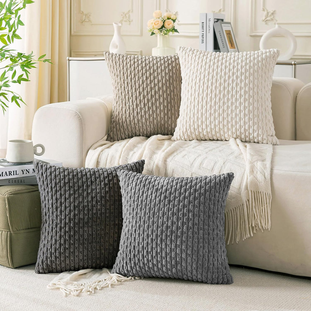Cozoomy Set of 4 Grey White Taupe Decorative Throw Pillow Covers 22x22 Inch Corduroy Pillow Covers for Bed Couch Sofa Living Room Soft Squa…