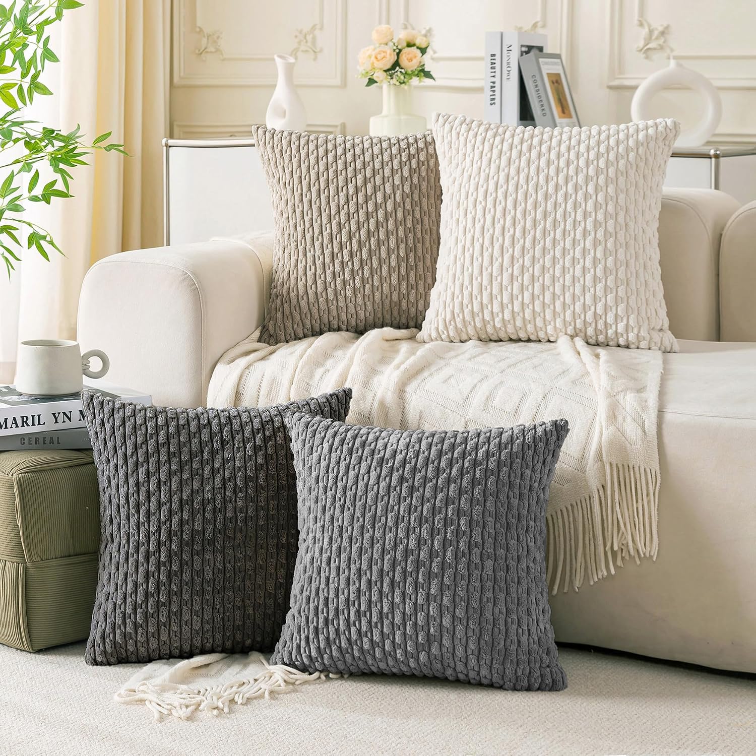 Cozoomy Set of 4 Grey White Taupe Decorative Throw Pillow Covers 22x22 Inch Corduroy Pillow Covers for Bed Couch Sofa Living Room Soft Squa…