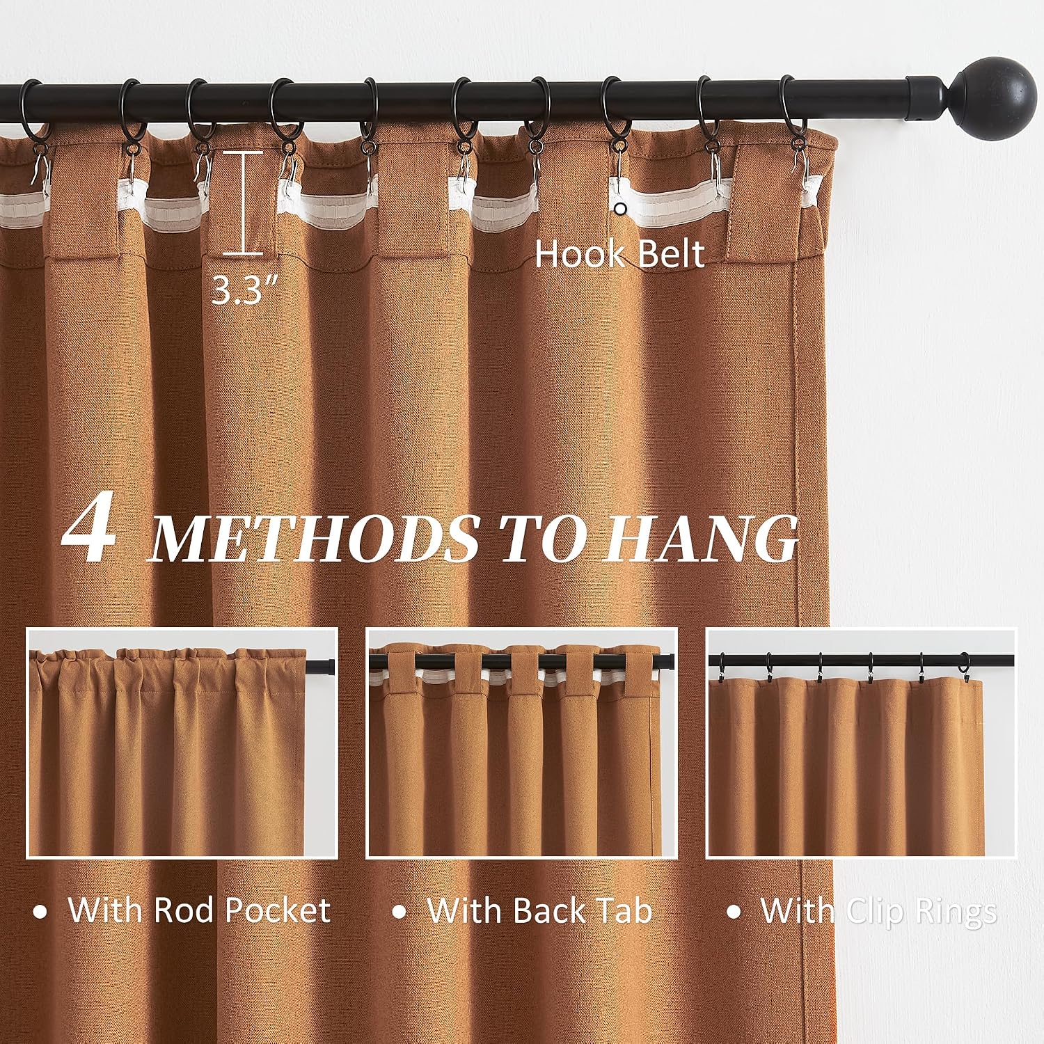 Keqiaosuocai Extra Long Burnt Orange Blackout Linen Curtains 2 Panels Set 120 Inch Length for Living Room and Bedroom - Hook Belt Back Tab…
