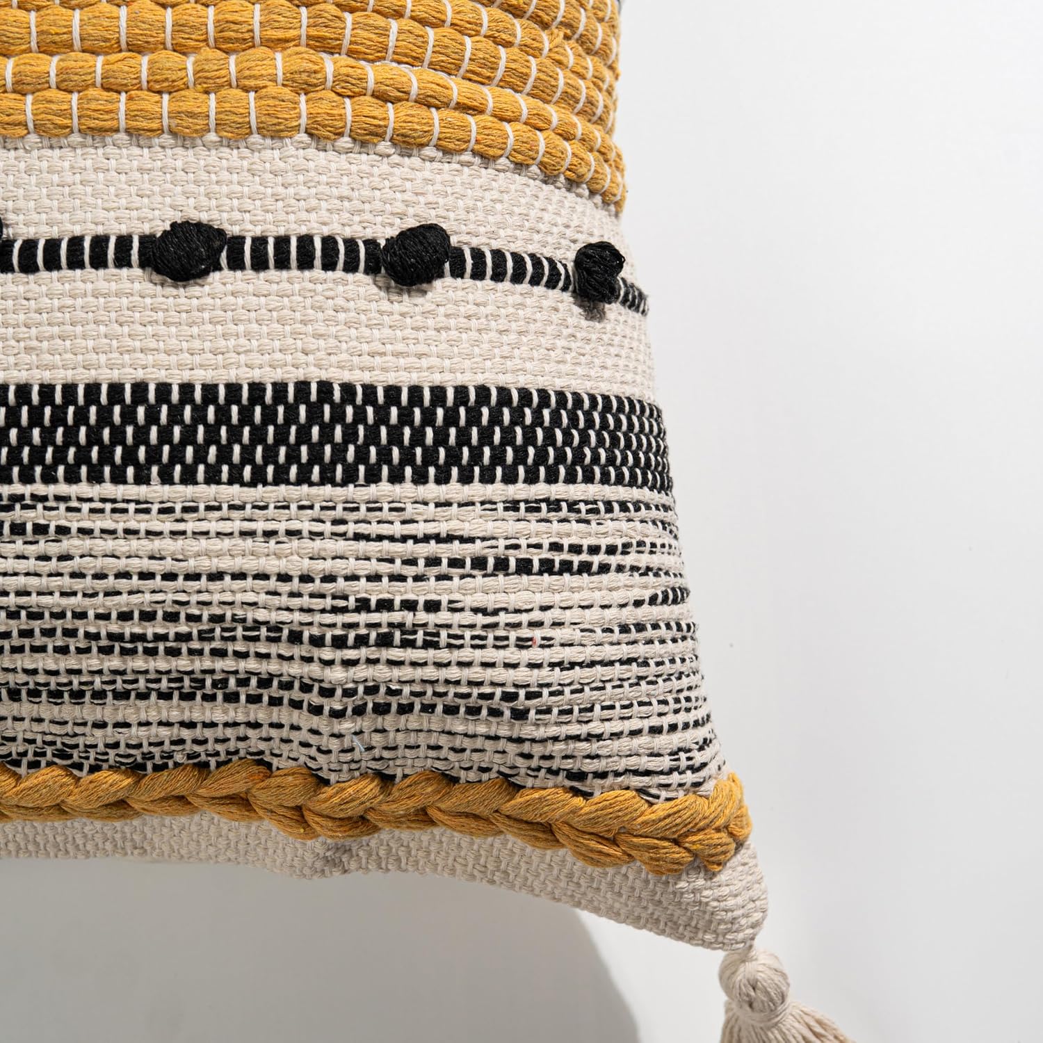 BlissBlush Yellow Mustard Decorative Throw Pillow Cover 18x18 Square Boho Accent Pillowcase Tassels Farmhouse Cushion for Couch Sofa…