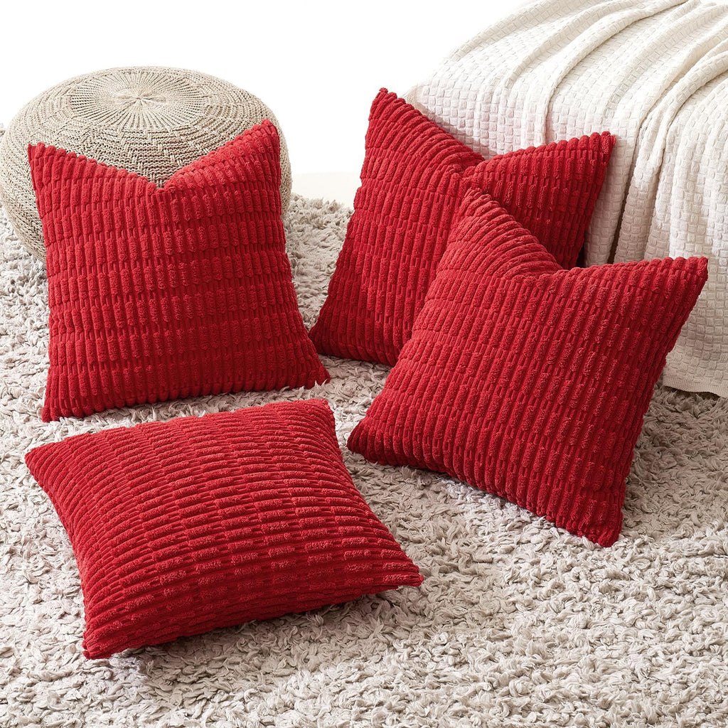 Miulee Pack of 4 Christmas Red Corduroy Decorative Throw Pillow Covers 20x20 Inch Soft Boho Striped Pillow Covers Modern Farmhouse Home Dec…