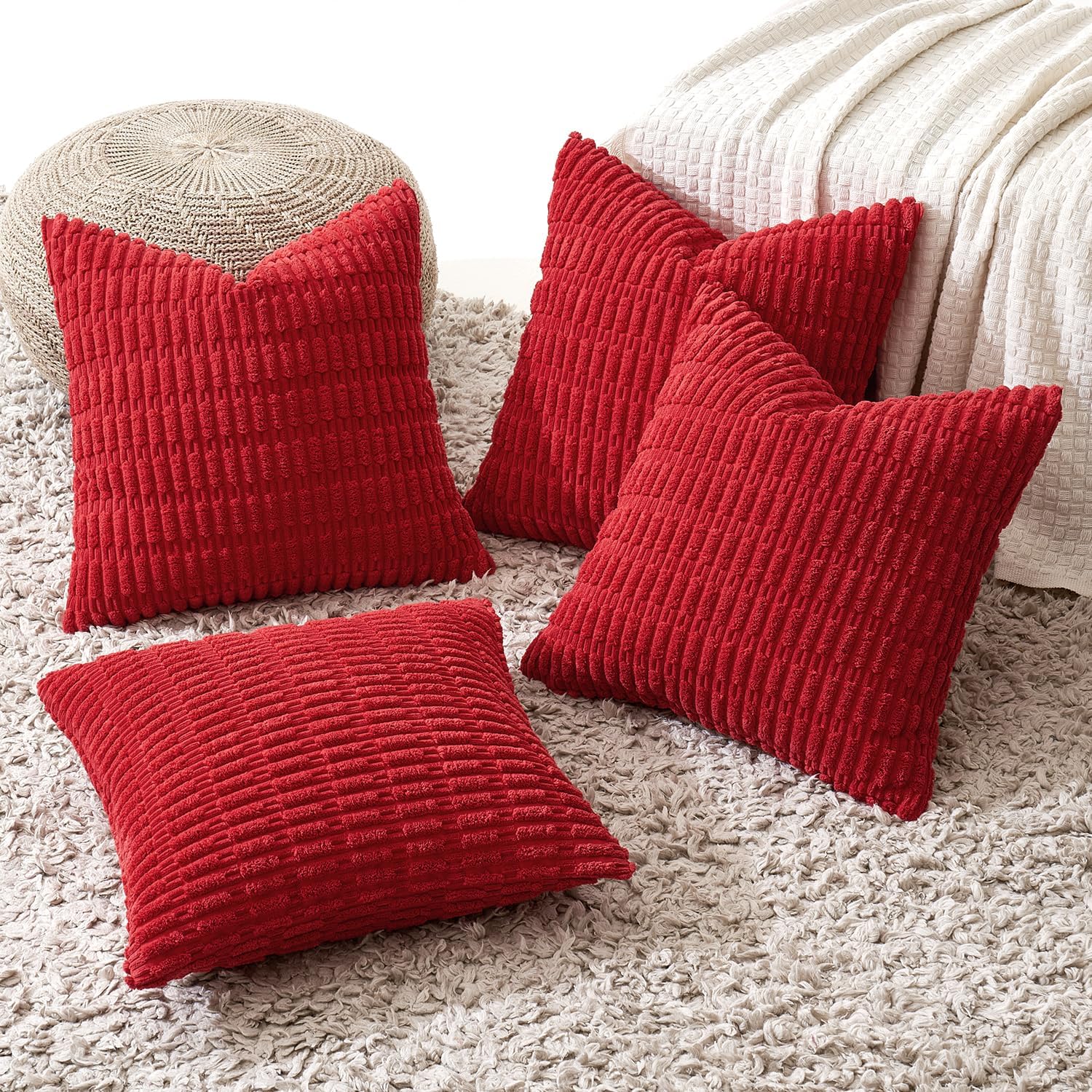 Miulee Pack of 4 Christmas Red Corduroy Decorative Throw Pillow Covers 20x20 Inch Soft Boho Striped Pillow Covers Modern Farmhouse Home Dec…