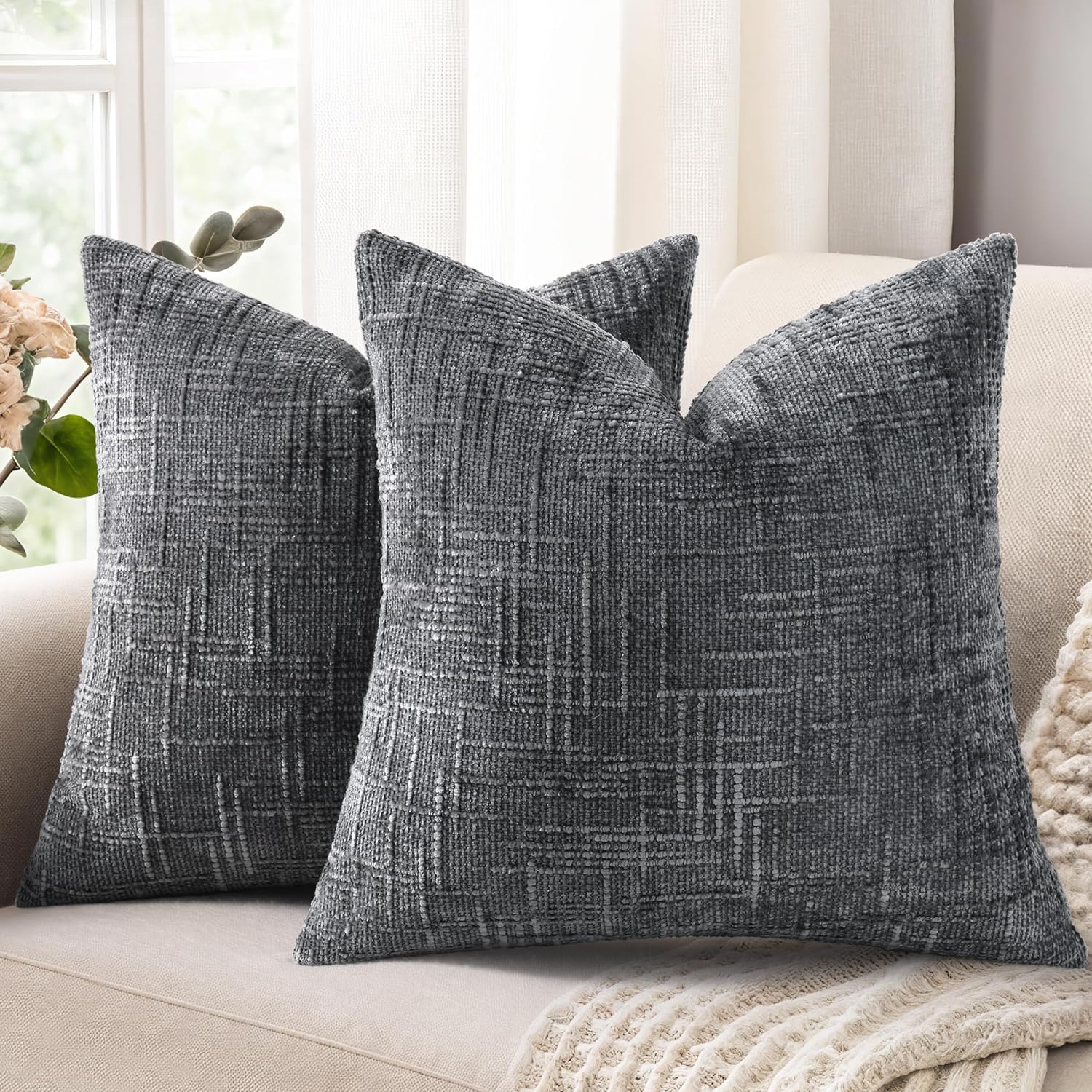 decorUhome Dark Grey Chenille Euro Sham Throw Pillow Covers 26x26 Set of 2 Textured Soft Cozy Slubby Couch Pillow Covers Modern Farmhouse B…