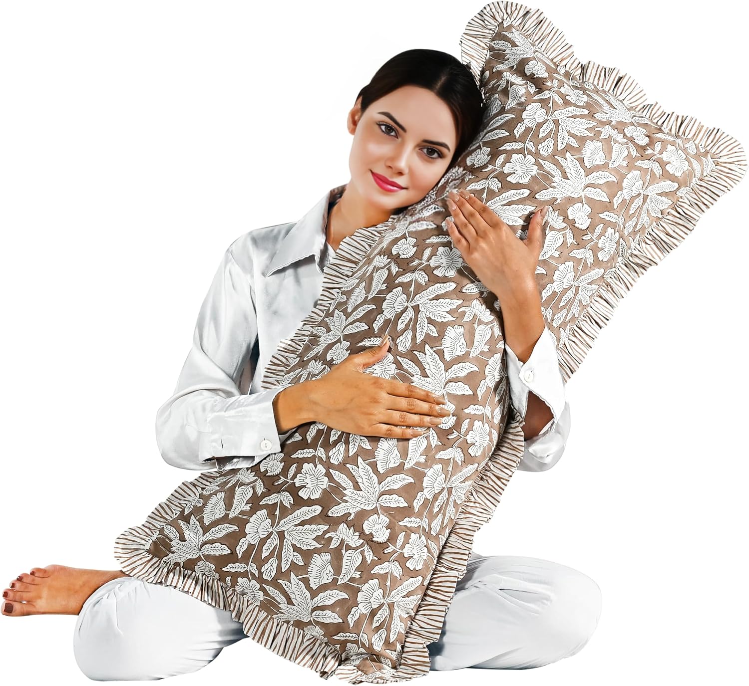 Ridhi Block Print Oak Brown 36"x14" Set 1-100% Cotton Ruffle Lumbar Sham Cover Boho Floral Pillowcase, Farmhouse Cottagecore Bedding…