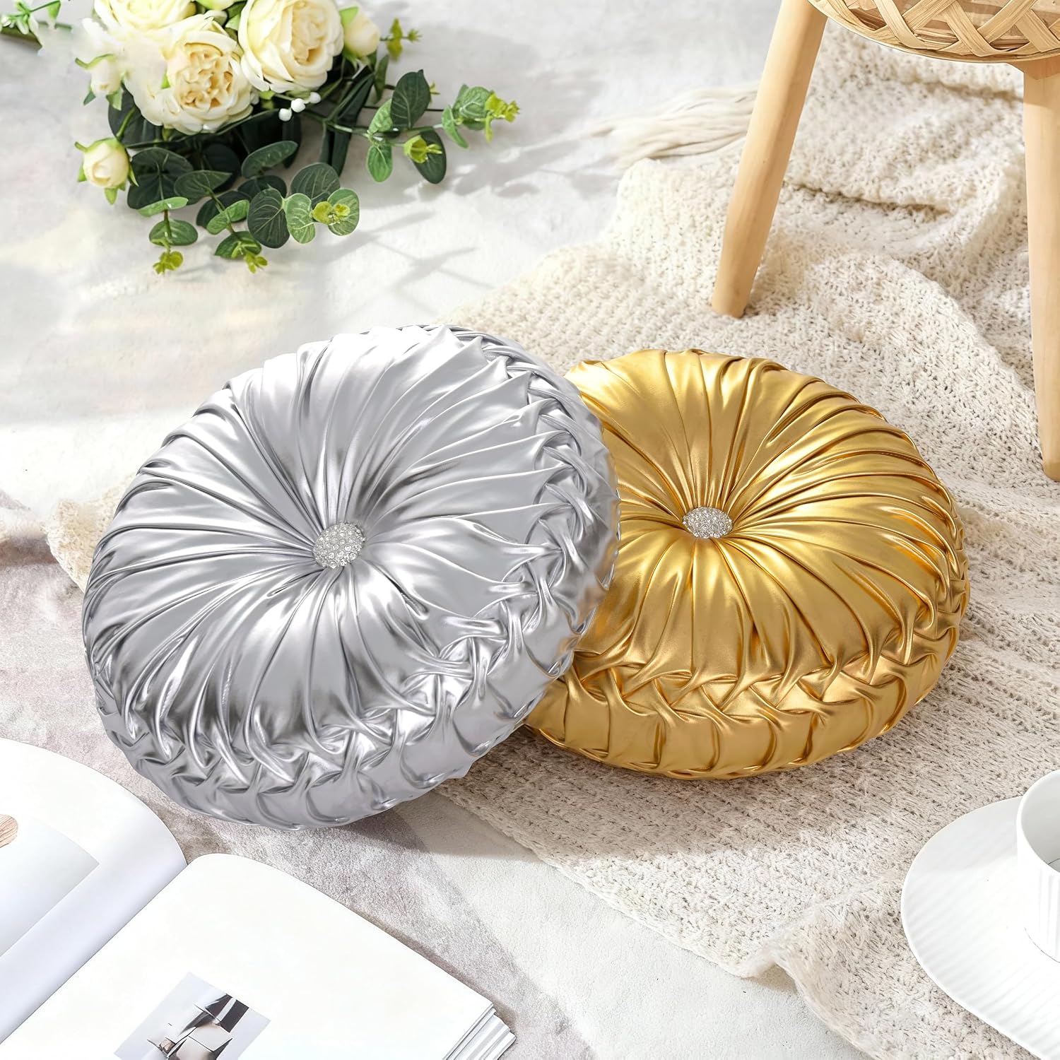 HIG Set of 2 Handcrafted Silver Ruched Round Throw Pillows – 14.5’’ Metallic Leather Decorative Pillows with Soft Polyester Filling for…