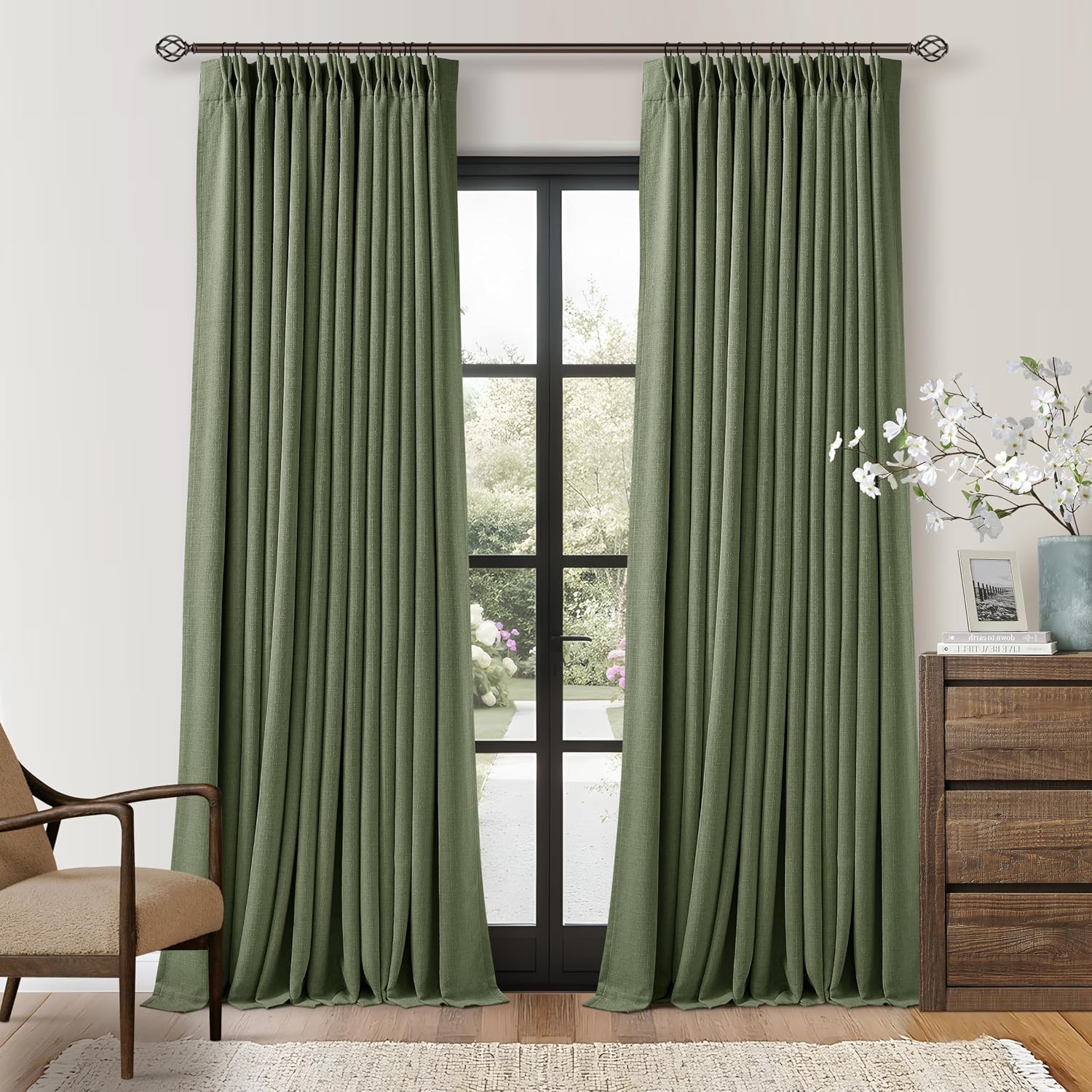 Twodrapes Thick Linen Olive Green Blackout Curtains 90 Inches Long for Living Room Bedroom 100% Black Out Pinch Pleated Drapes Double Layer…