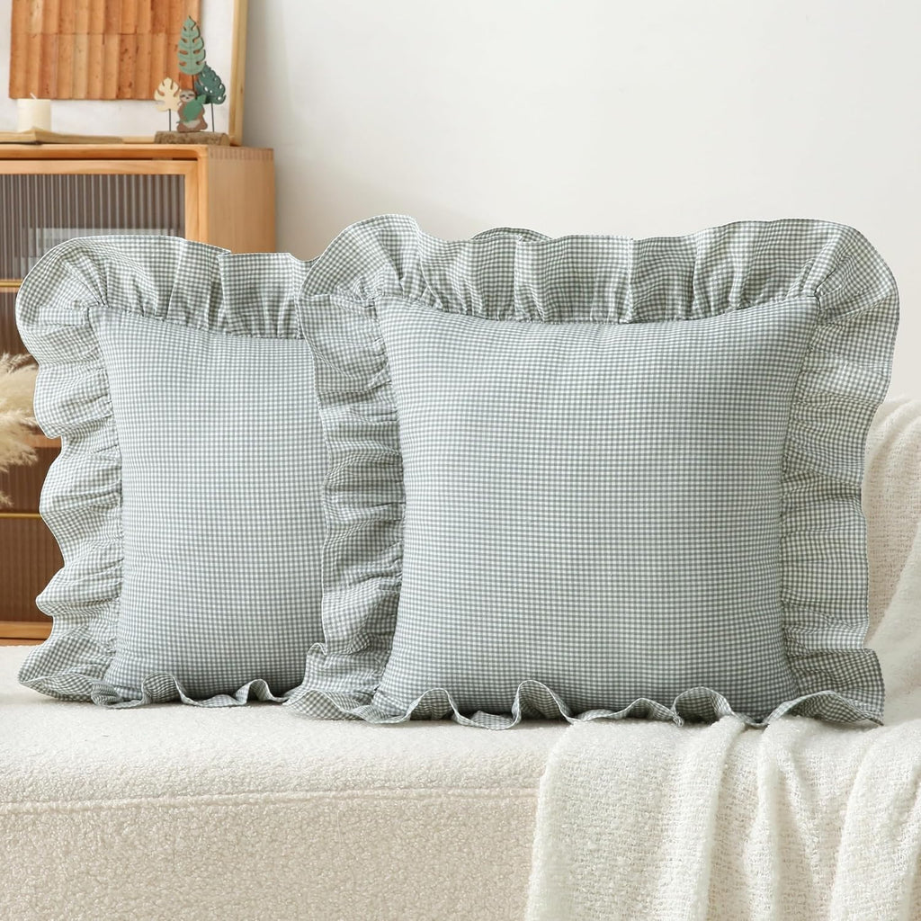 Jilboo 2 Pack 18 x18 inches Green/White Checkered Throw Pillow Covers 100% Washed Cotton Vintage Ruffle Trim Decorative Gingham Pillowcases…