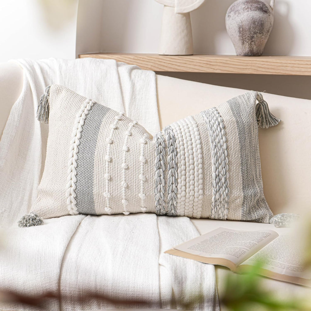 BlissBlush Gray Decorative Lumbar Pillow Cover 14x24, Grey Boho Long Body Pillow for Bed, Farmhouse Lumbar Throw Pillow for Couch, Modern…