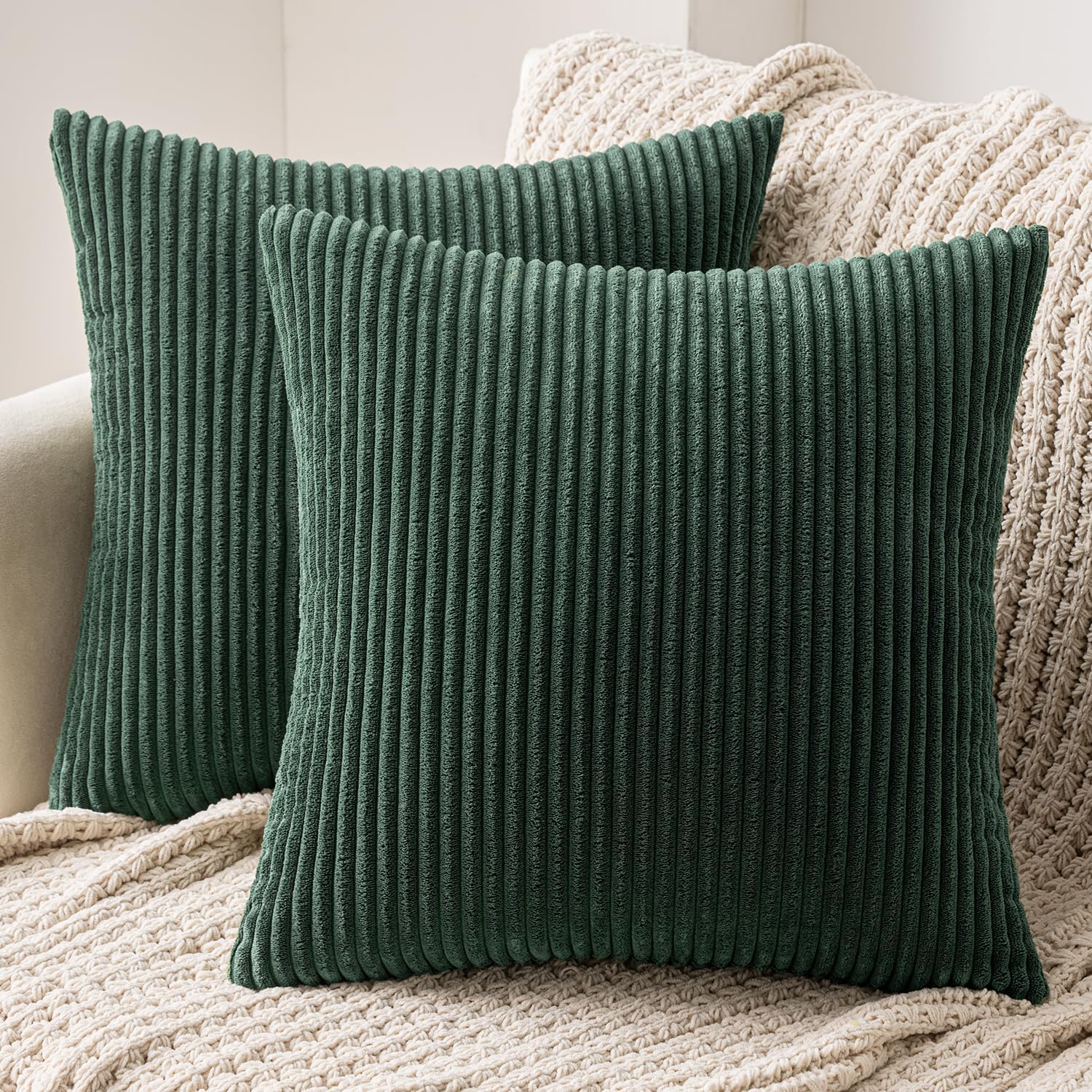 MIULEE Pack of 2 Army Green Corduroy Pillow Covers Soft Boho Striped Throw Pillow Covers Set Decorative Square Cushion Cases Pillowcases…