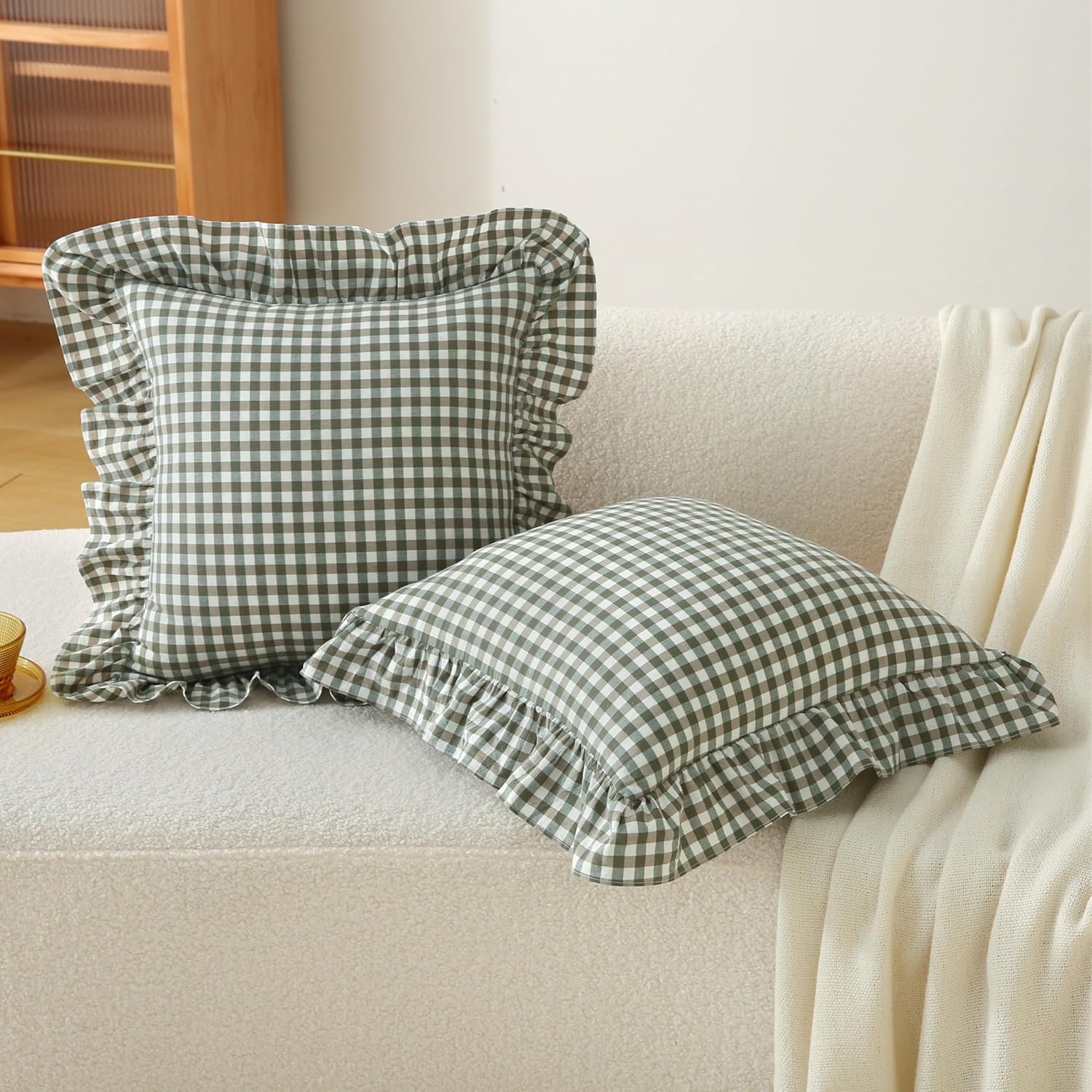 Jilboo Gingham Pillow Covers (2 Pack) - 22 x22 Inches Sage Green/White Plaid, 100% Washed Cotton Vintage Ruffle Decorative Throw Pillowcase…