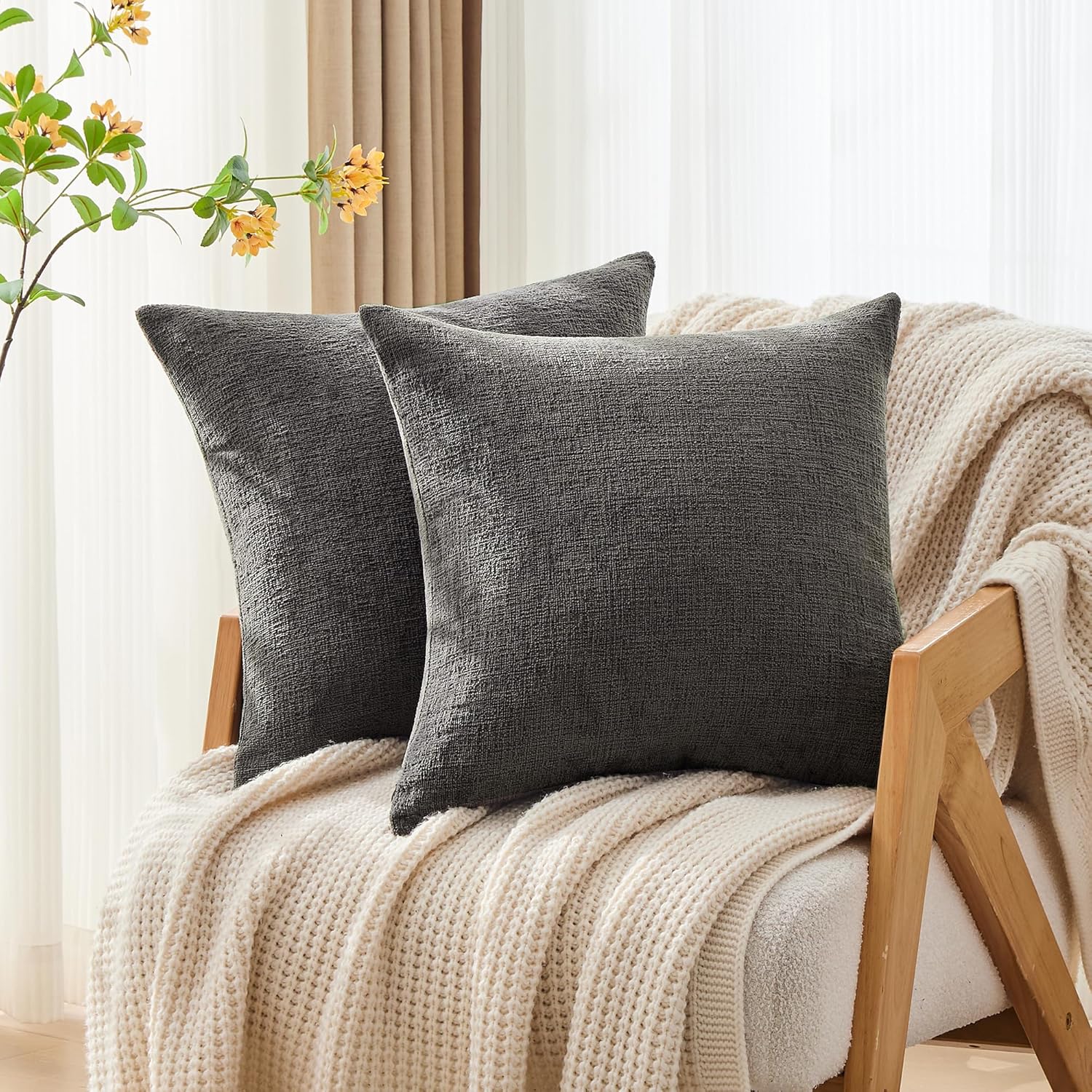 Gawamay Set of 2 Soft Textured Chenille Throw Pillow Covers 22x22 Inch (55x55 CM), Decorative Pillowcases Cushion Covers for Farmhouse Home…