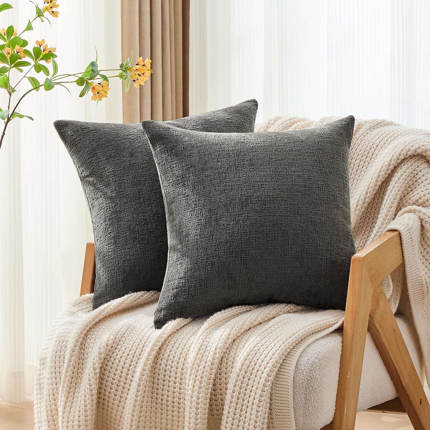 Gawamay Set of 2 Soft Textured Chenille Throw Pillow Covers 16x16 Inch (40x40 CM), Decorative Pillowcases Cushion Covers for Farmhouse Home…