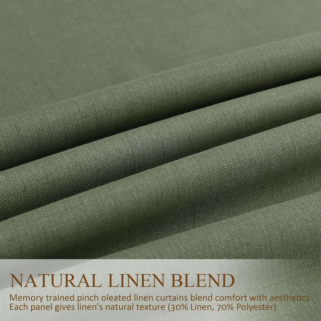 Boodii Olive Green 100% Blackout Linen Pinch Pleated Curtains 108 Inches Long 2 Panels for Living Room Pleat Drapes Room Darkening Back Tab…