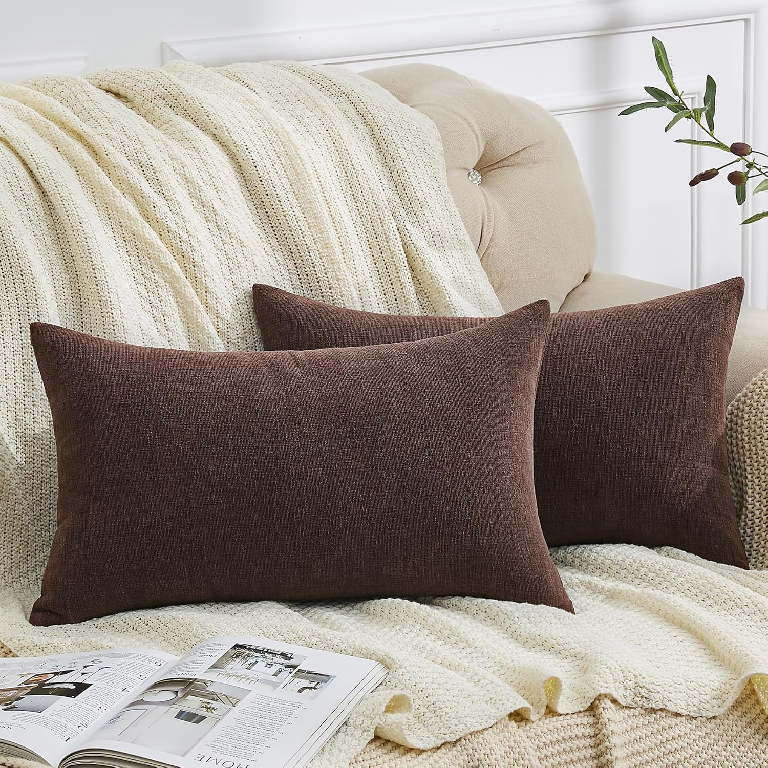 Gawamay Lumbar Decorative Throw Pillow Covers 12"x20" Inch Set of 2, Super Soft Chenille Rectangle Pillowcase for Living Room Bedroom Sofa…