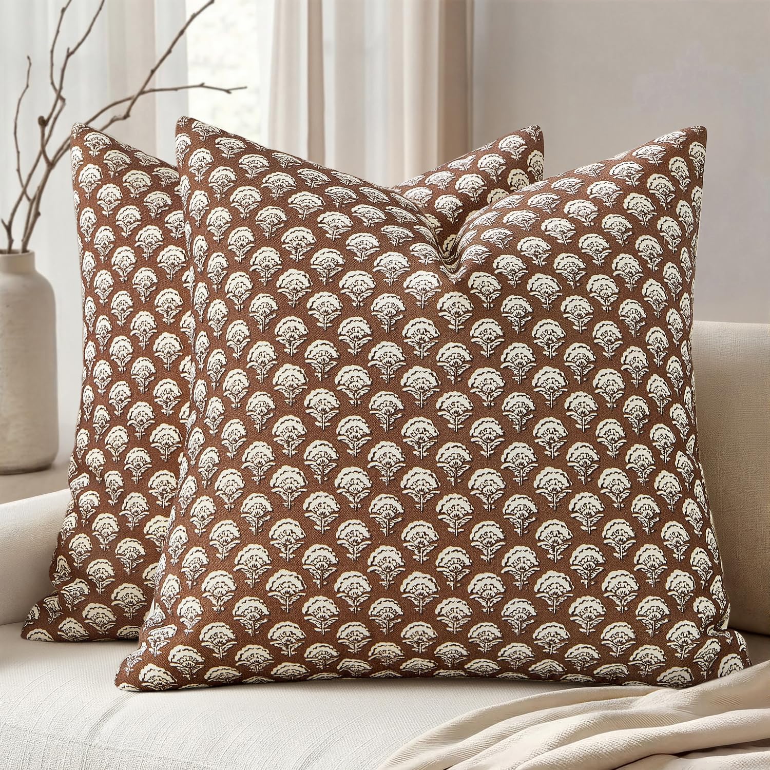 MIULEE Set of 2 Decorative Floral Pillow Covers Neutral Vintage Throw Pillows Block Print Boho Farmhouse Cushion Covers for Modern Spring…