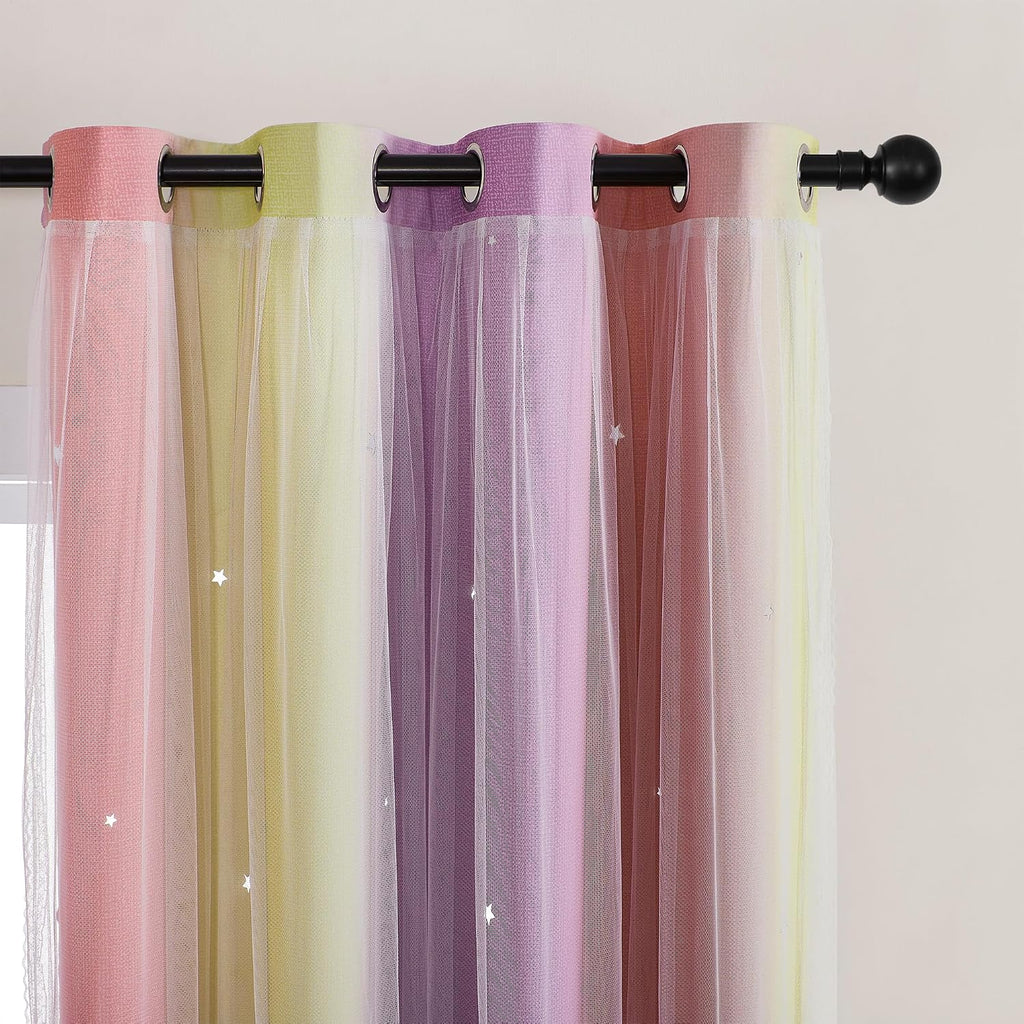 Addsomecolortolife XiDi Pink & Rainbow Curtains for Kids & Girl Room - Blackout, Unicorn Wall Decals, Purple & Yellow, 34x84 Inch, 1 Panel…