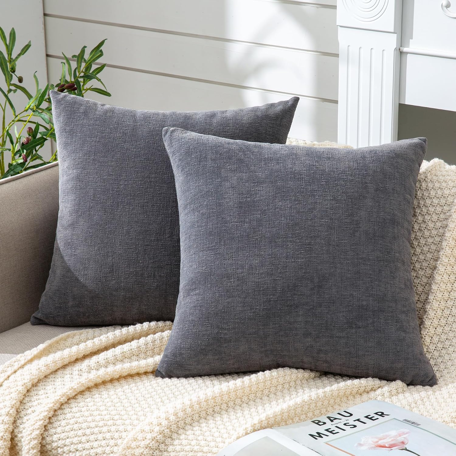 Gawamay Decorative Chenille Throw Pillow Covers 24x24 Inch Pack of 2, Soft Square Couch Pillow Cover for Sofa Cushion Living Room Bedroom S…
