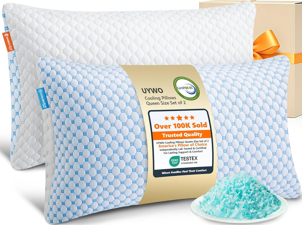 UYWO Cooling Firm Bed Pillows Set of 2, Shredded Memory Foam Pillows for Sleeping Luxury Gel Pillows for Side Back Stomach Sleepers with…