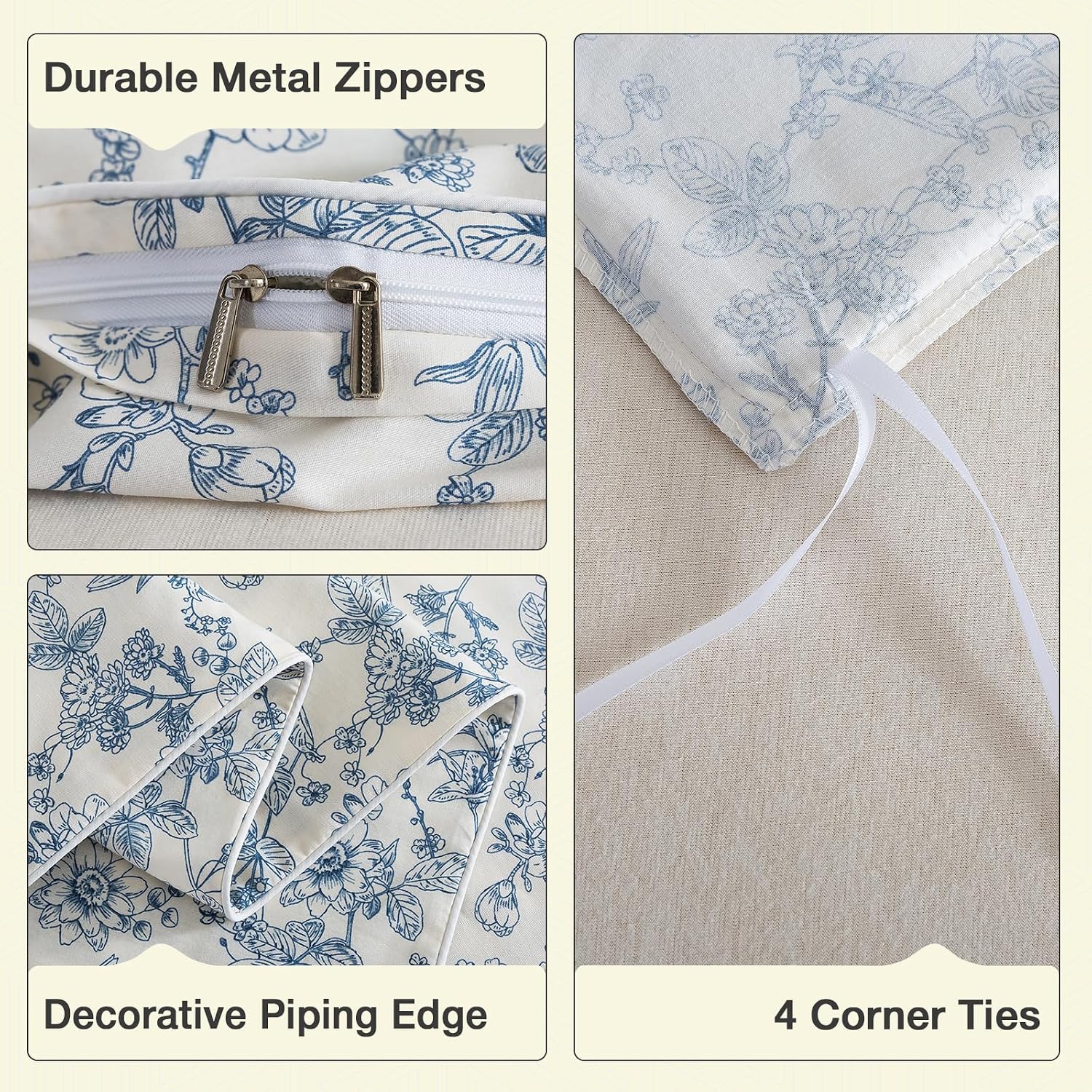 Puralens Blue Floral Duvet Cover King Size 100% Cotton, Vintage Pattern Soft Crisp Toile Comforter Cover Set, Aesthetic Cute Reversible Per…