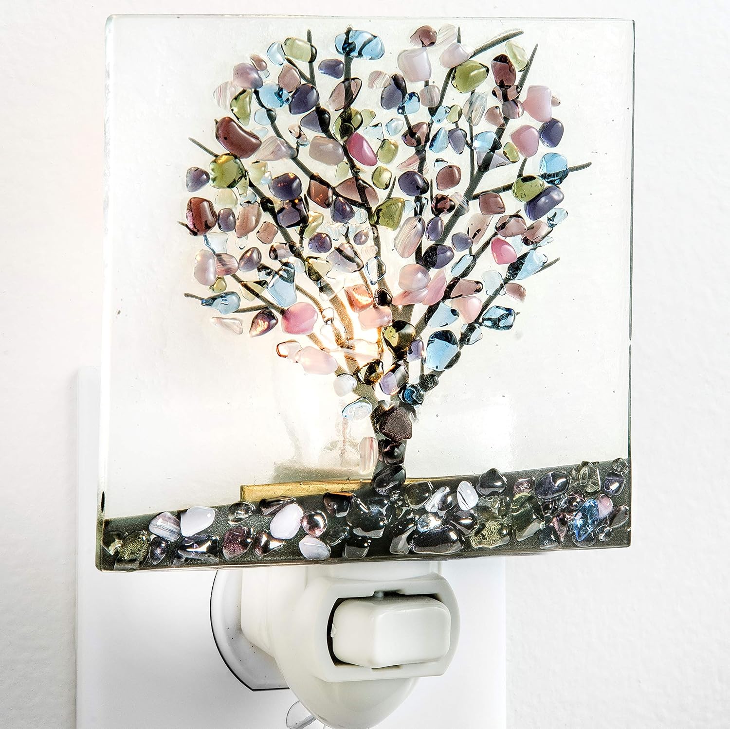 J Devlin Glass Art Stained Glass Tree Night Light – Fused Glass Chip Plug in Nightlight with Purple, Green & Blue Glass – Handmade…