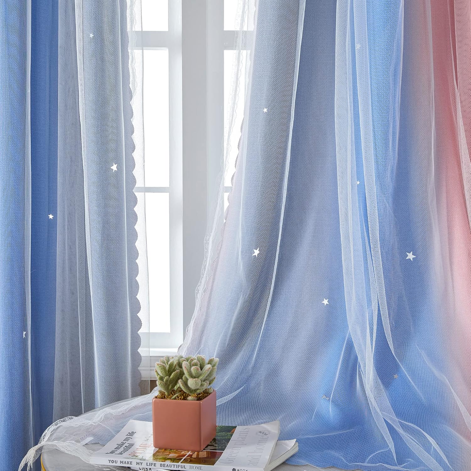 Addsomecolortolife XiDi Dream Star Blackout Curtains for Kids Rooms Girl Princess Curtain for Daughter Bedroom Window (Pink Grey Blue, W52…