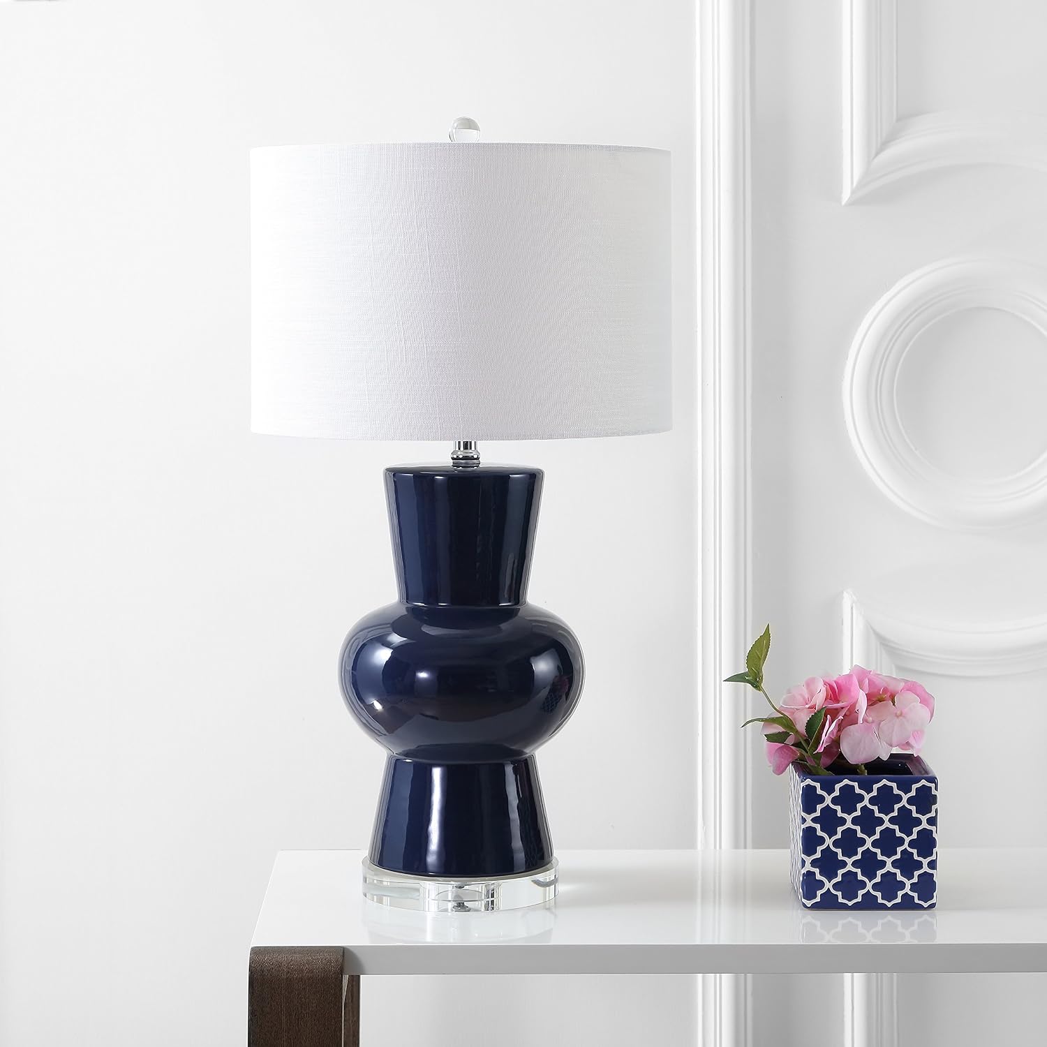 JONATHAN Y 28.5" Navy Ceramic Table Lamp for Living Room Bedroom Nightstand, Modern Hourglass LED Bedside Lamp with Crystal Base and…