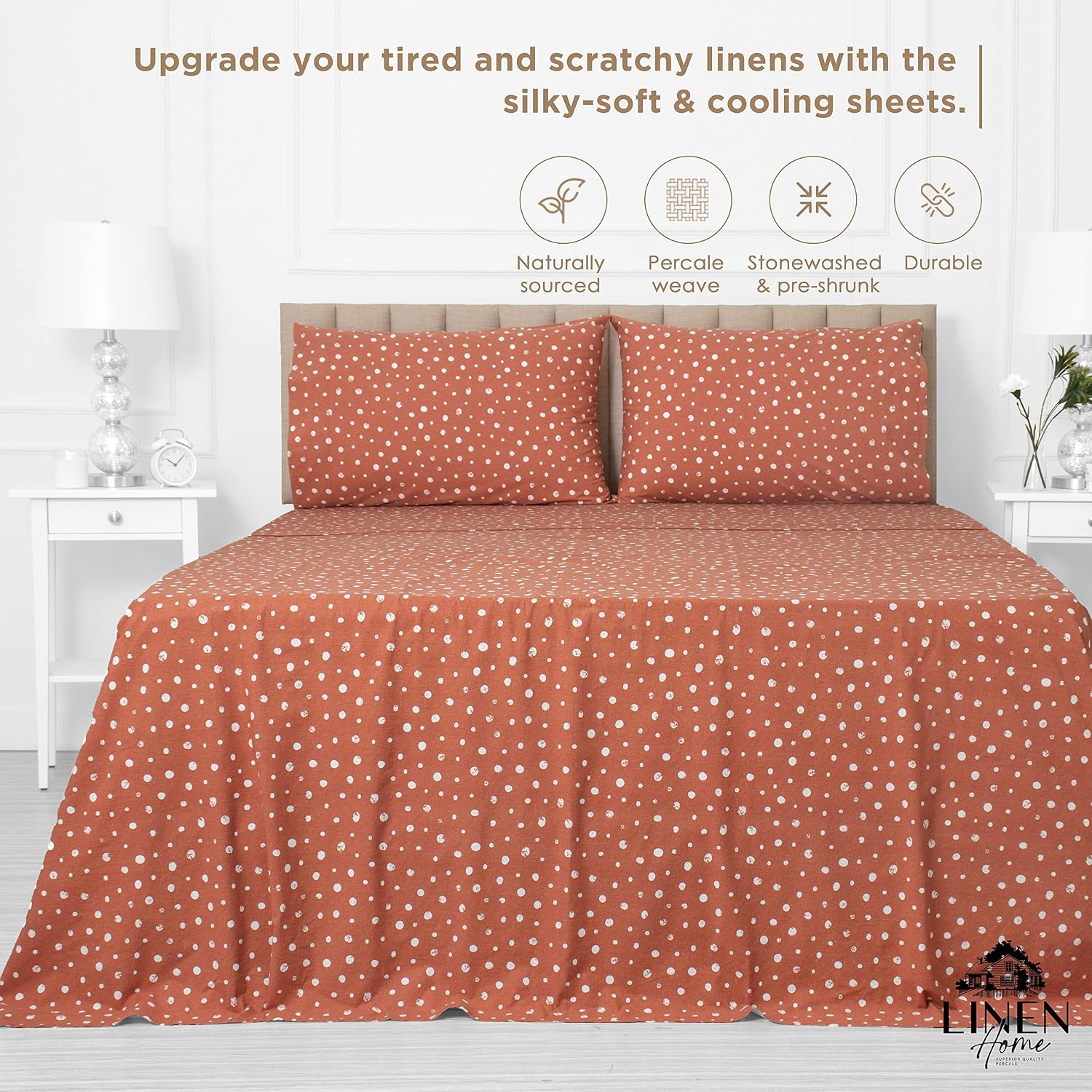 Linen Home Cotton Lyocell Blend Percale Sheet Set Queen Size - 4 Piece Deep Pocket Bedding, Pre-Washed & Shrunk, Crisp Cooling Fabric…