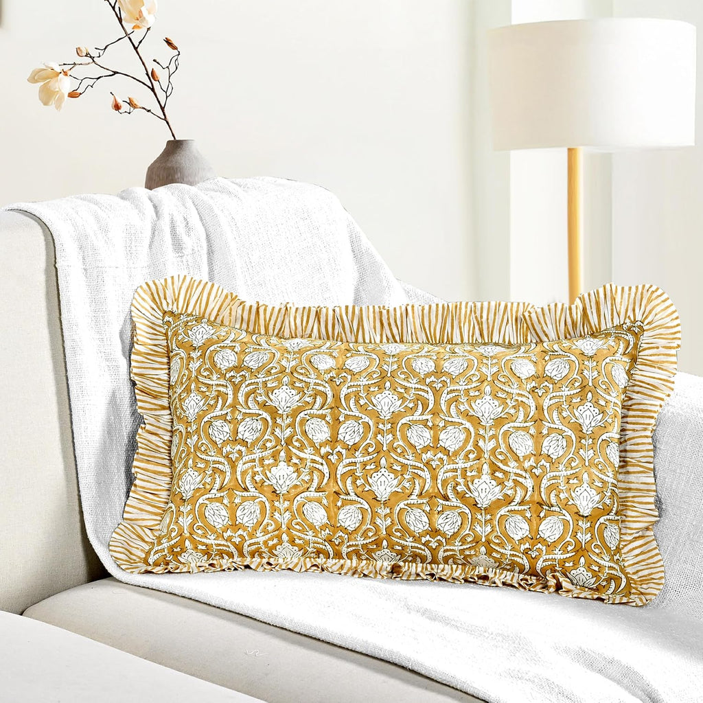 Cottonprintclub CPC Hand Block Print Mustard Regal Ruffle Sham Pillow Cover 20" x 12" inch Hidden Zipper Decorative Pillowcase for Couch, B…