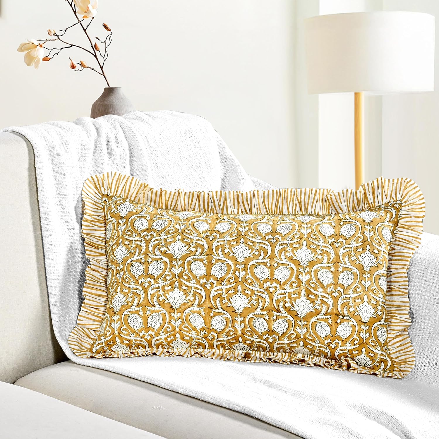 Cottonprintclub CPC Hand Block Print Mustard Regal Ruffle Sham Pillow Cover 20" x 12" inch Hidden Zipper Decorative Pillowcase for Couch, B…