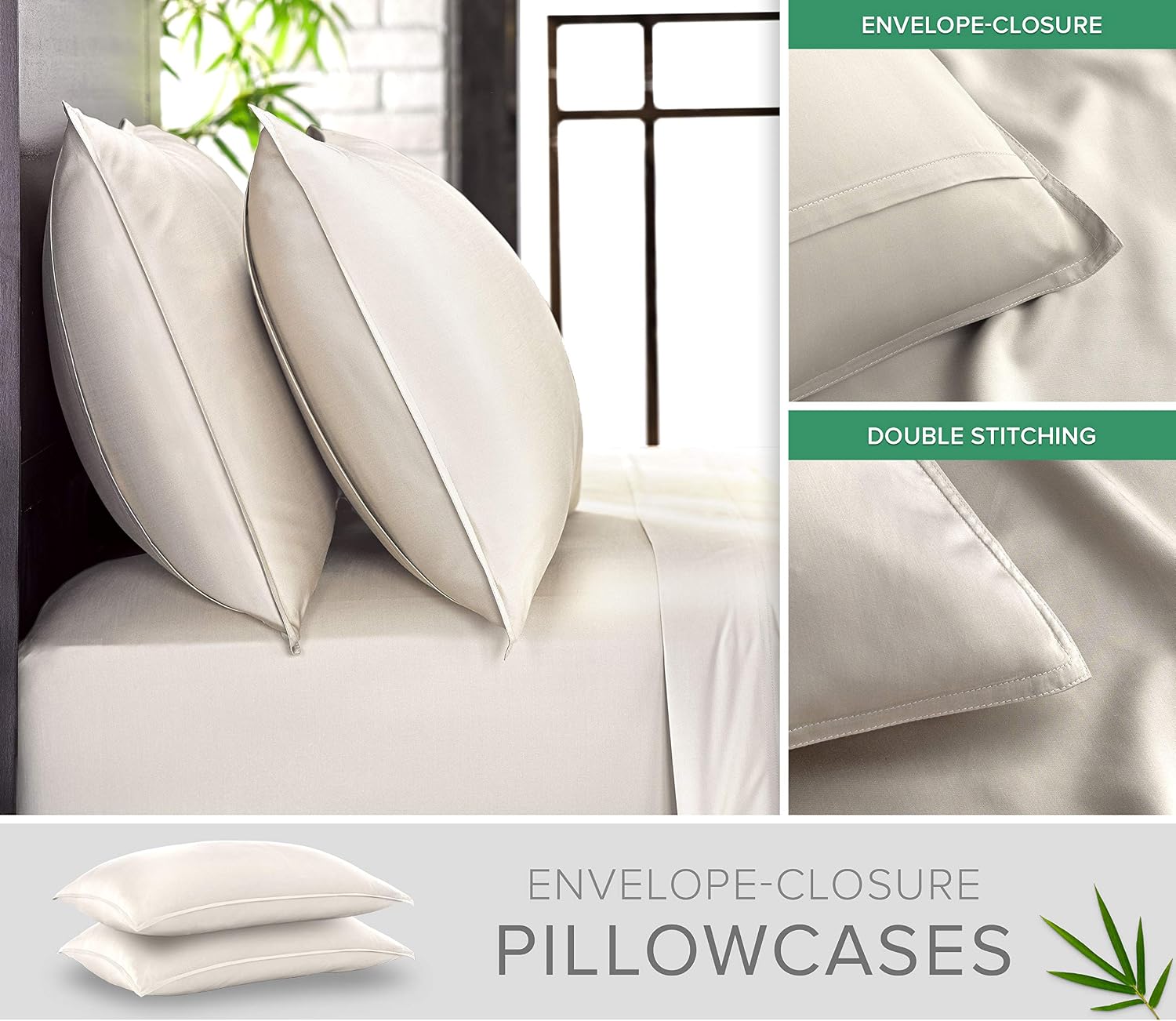 Queen Pillowcases by Pure Bamboo, Genuine 100% Organic Viscose Derived from Bamboo, Luxuriously Soft & Cooling, Double Stitching…