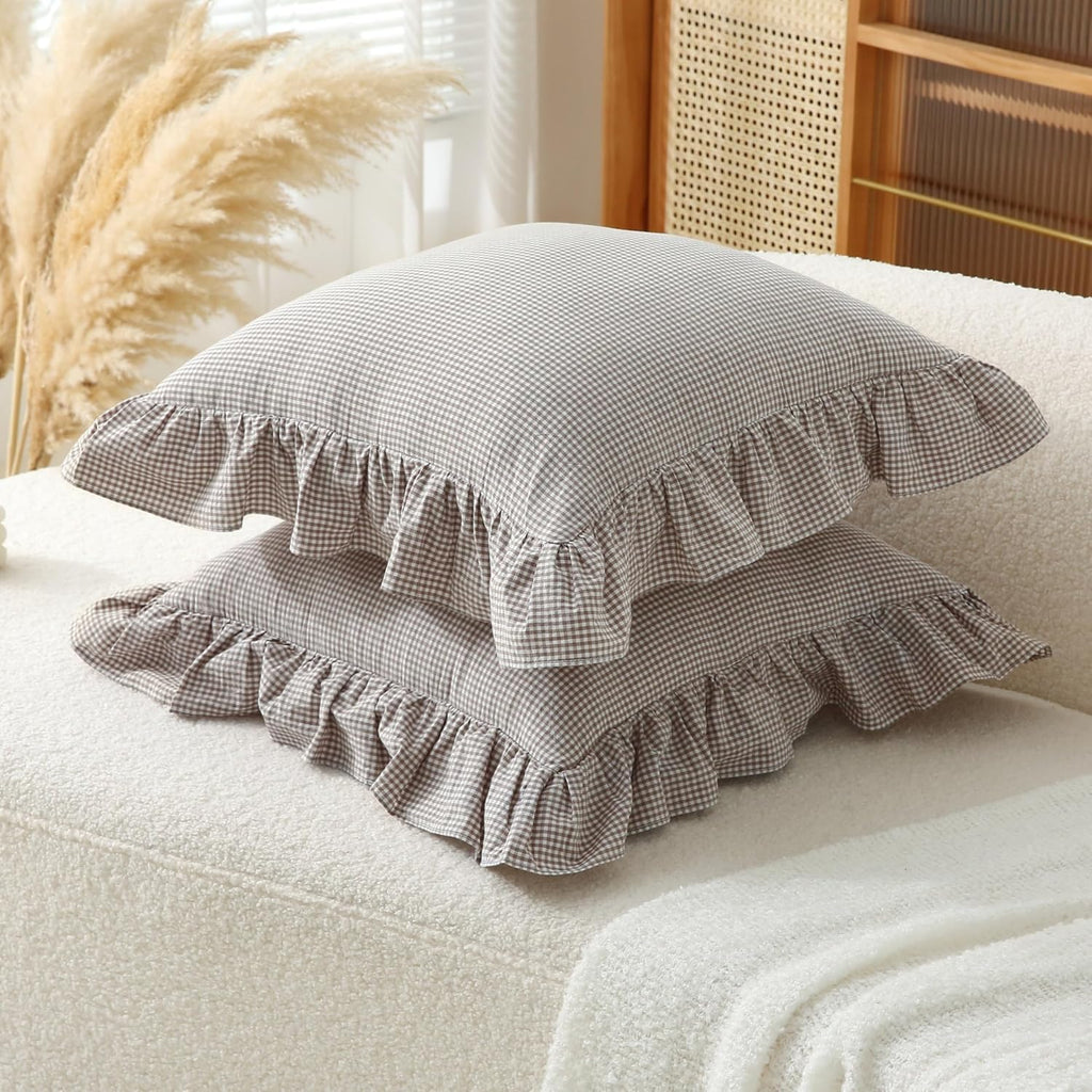 Jilboo Gingham Pillow Covers (2 Pack) - 18x18 Inches Brown/White Plaid, 100% Washed Cotton Vintage Ruffle Decorative Throw Pillowcases with…