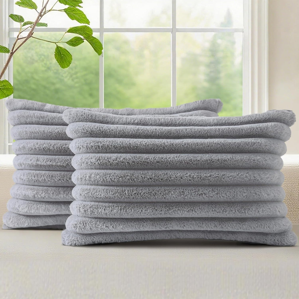 decorUhome Cozy Faux Fur Throw Pillow Covers 12x20 Set of 2 Decorative Soft Plush Striped Lumbar Modern Farmhouse Boho Couch Pillow Cases w…