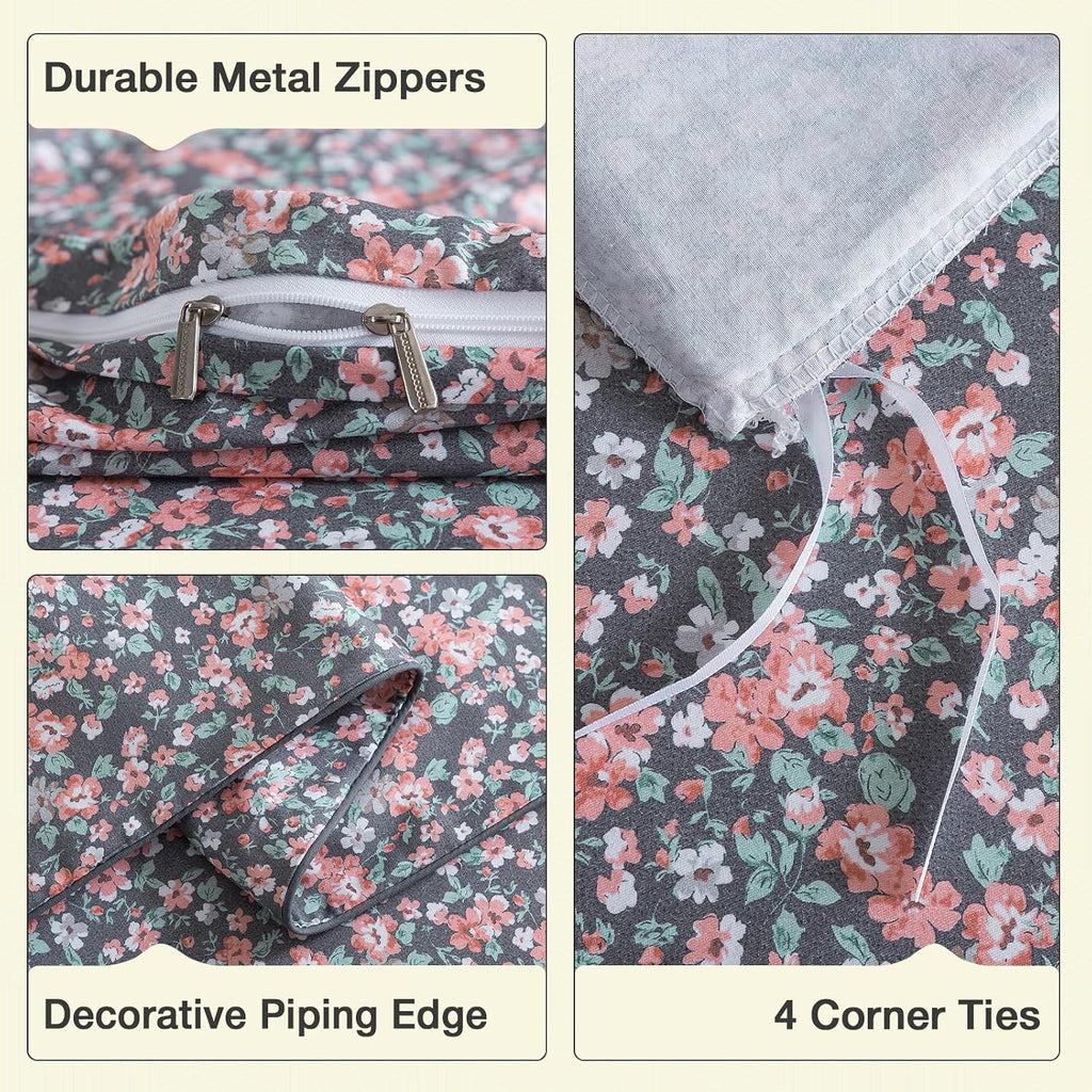 Puralens Dark Grey Floral Duvet Cover, Queen 100% Cotton Percale Pink Flower Vintage Pattern Comforter Cover Set, Shabby Chic Soft Toile Be…