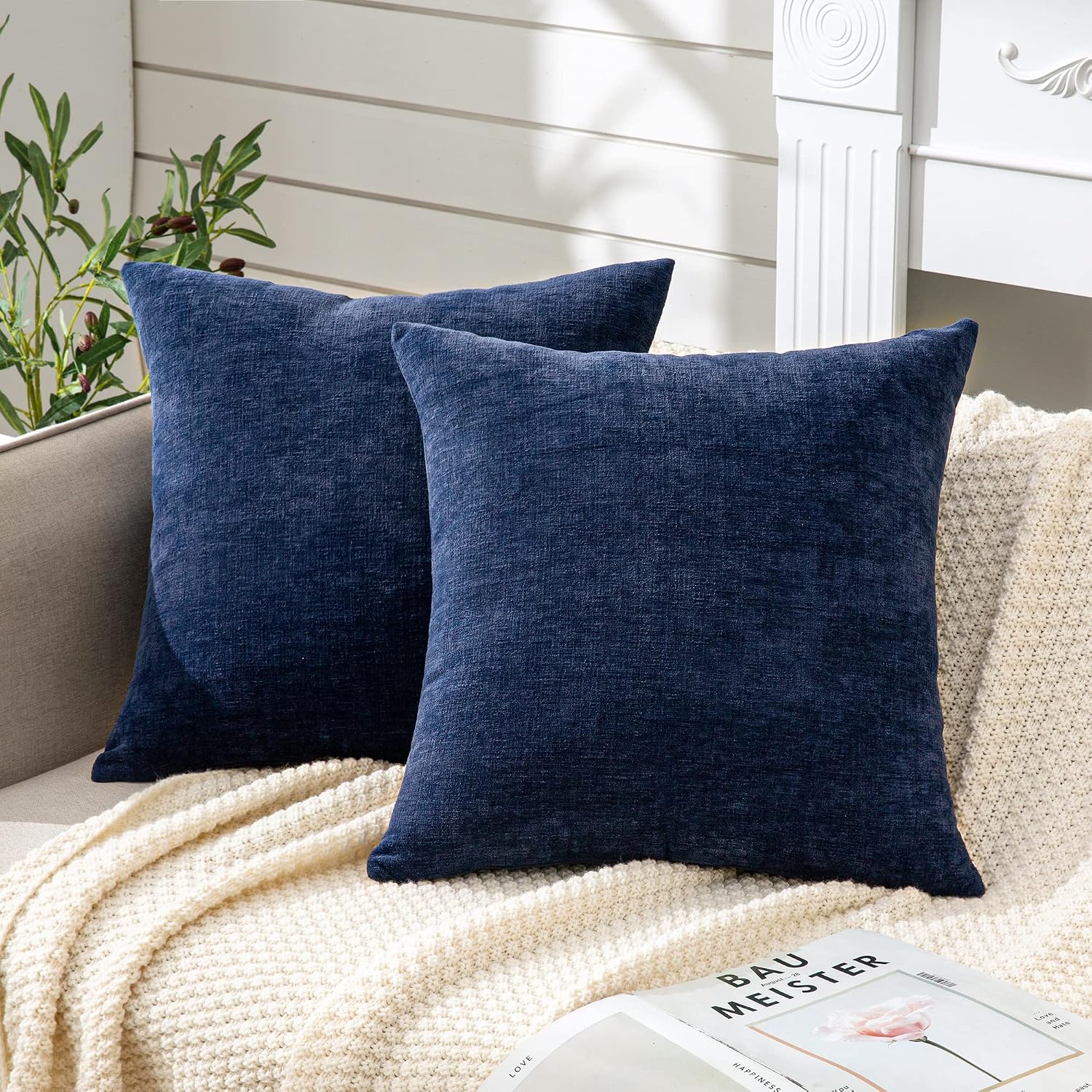Gawamay Decorative Chenille Throw Pillow Covers 24x24 Inch Pack of 2, Soft Square Couch Pillow Cover for Sofa Cushion Living Room Bedroom S…