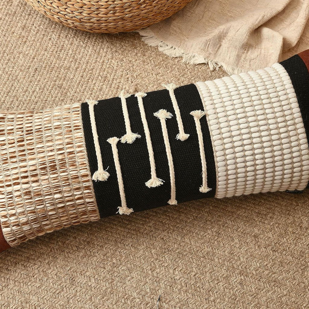 Aibuhome Boho Body Pillow Cover 12x28 Inches, Handwoven Cotton Linen Lumbar Pillow Cover with Tassels, Farmhouse Decorative Cushion Case fo…
