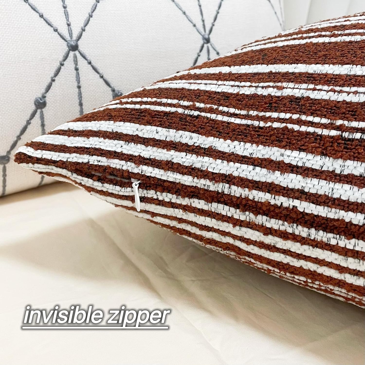 Slow Cow Boho Chenille Textured Woven Stripe Throw Pillow Covers Decorative Cushion Cover Square Pillow Cover Accent Neutral Pillowcase…