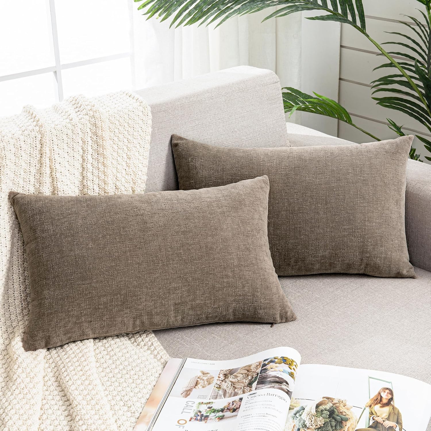 Gawamay Lumbar Pillow Decorative Rectangle Throw Pillow Covers 12"x20" Inch Set of 2, Super Soft Chenille Pillowcase for Living Room Bedroo…