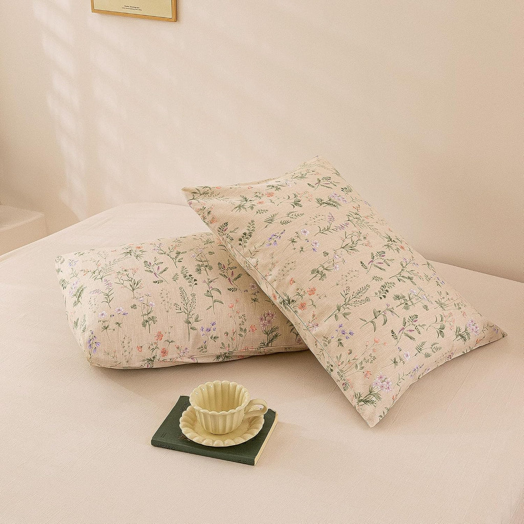 ECOCOTT Floral Pillowcases King Size Set of 2, 100% Washed Cotton Pillow Cases with Envelope Closure, Beige Botanical Wildflower Printed…