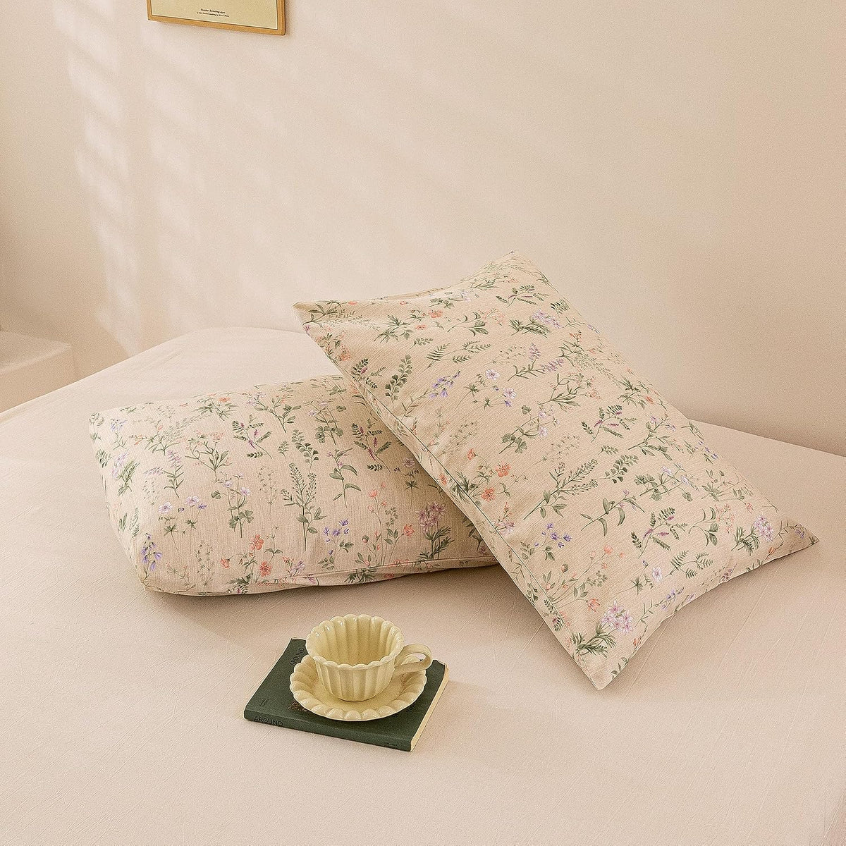 ECOCOTT Floral Pillowcases Standard Size Set of 2, 100% Washed Cotton Pillow Cases with Envelope Closure, Beige Botanical Wildflower…