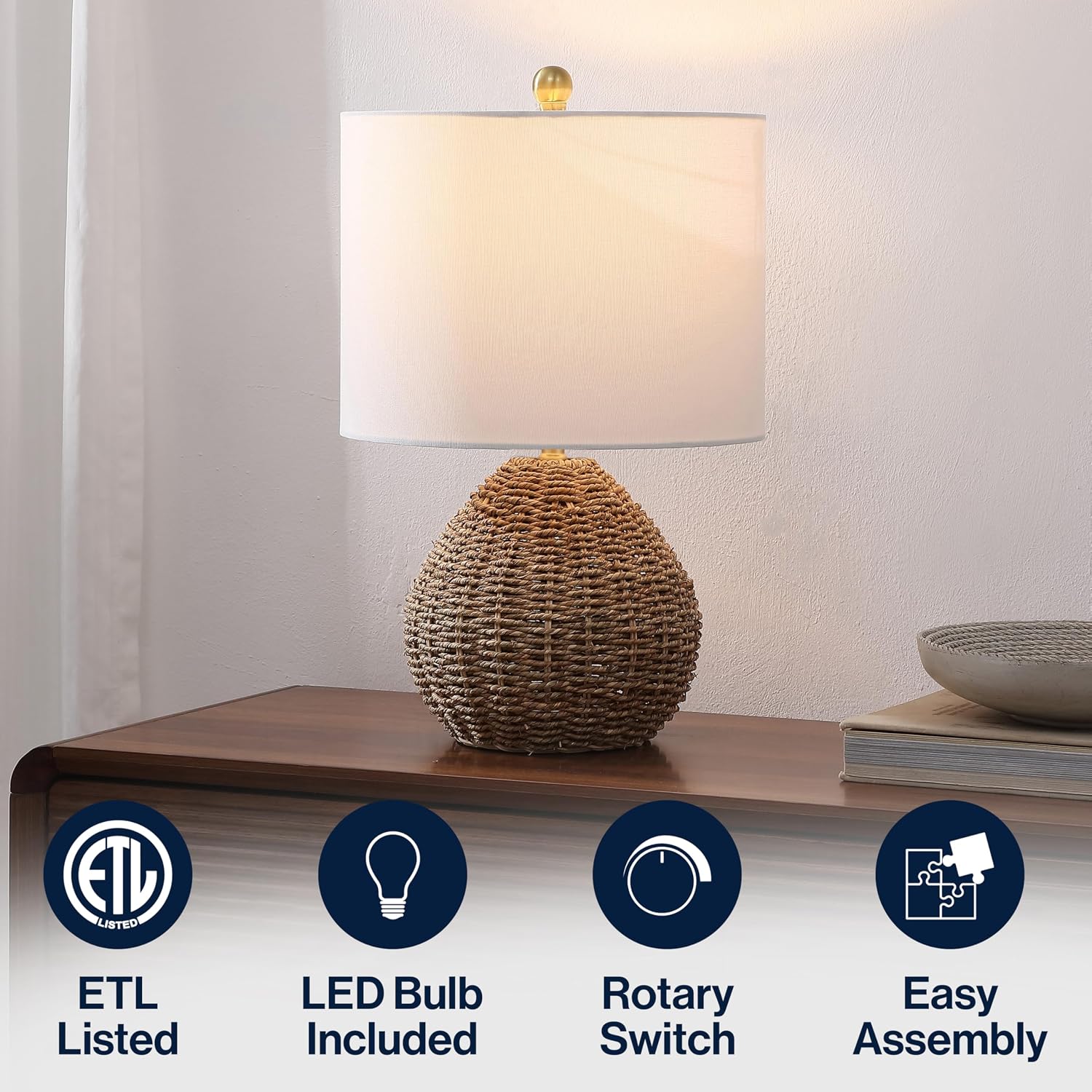Jonathany JONATHAN Y 20.5" Brown Rattan and Iron LED Table Lamp, Coastal Bohemian Farmhouse Woven Nightstand Lamp with White Linen Drum Sha…